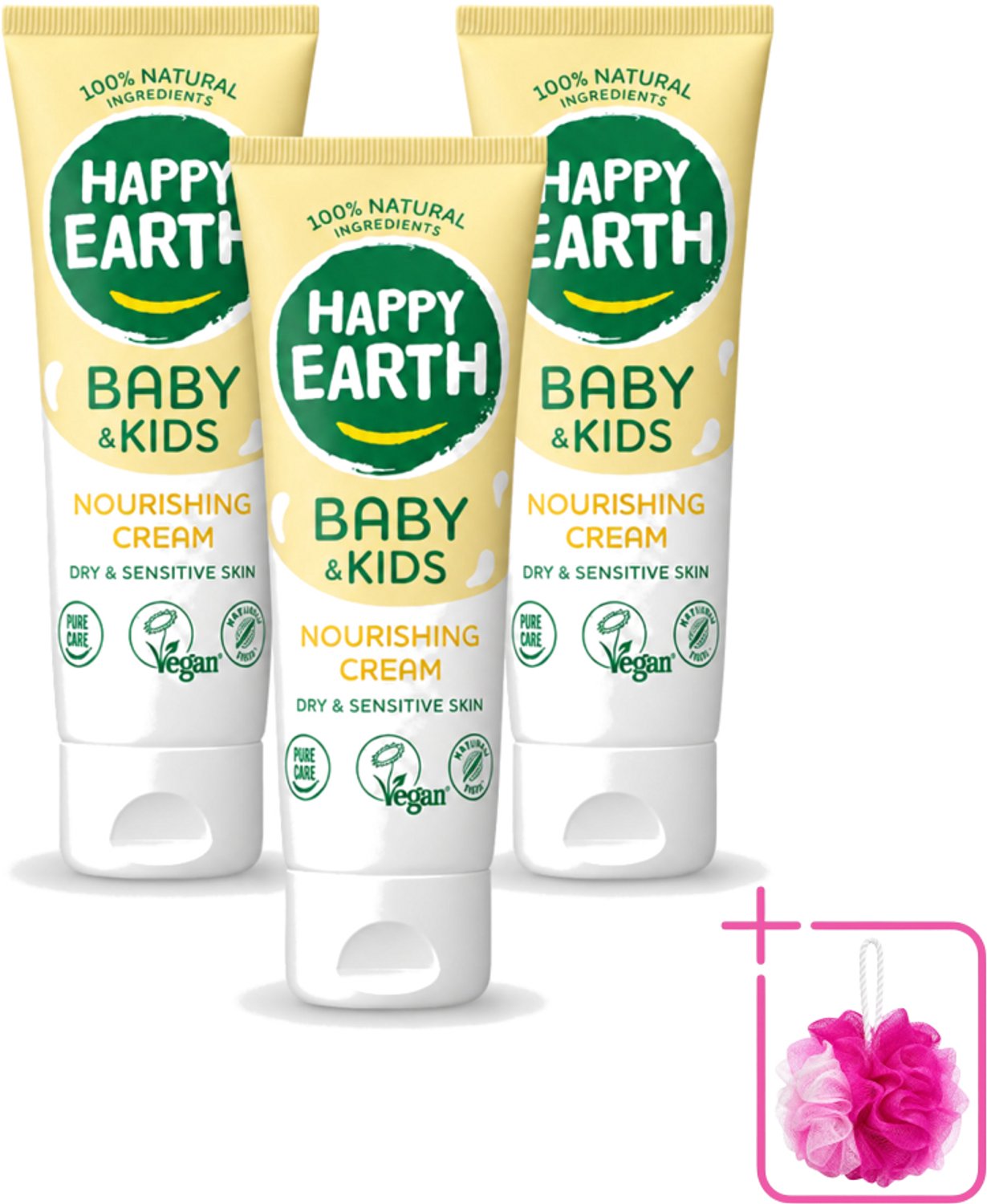 3 x Happy Earth – Nourishing Cream – 100% Natuurlijk Baby & Kids – 75 ml - Bulkverpakking - Natuurlijke crème - Douchemop - Gevoelige huid
