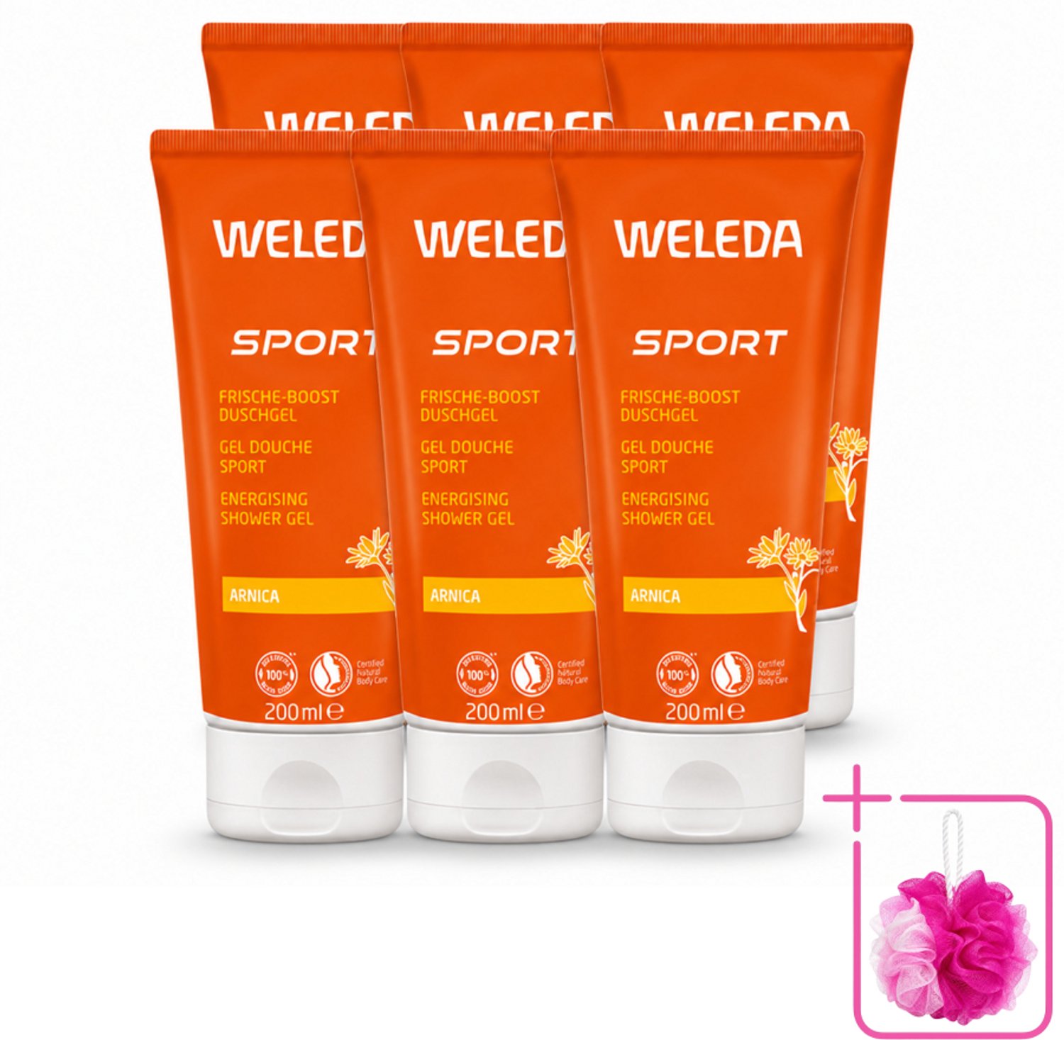 6 x WELEDA - Douchegel Sport - Arnica - 200 ml - Bulkverpakking - Sportdouchegel - Douchemop - Herstel