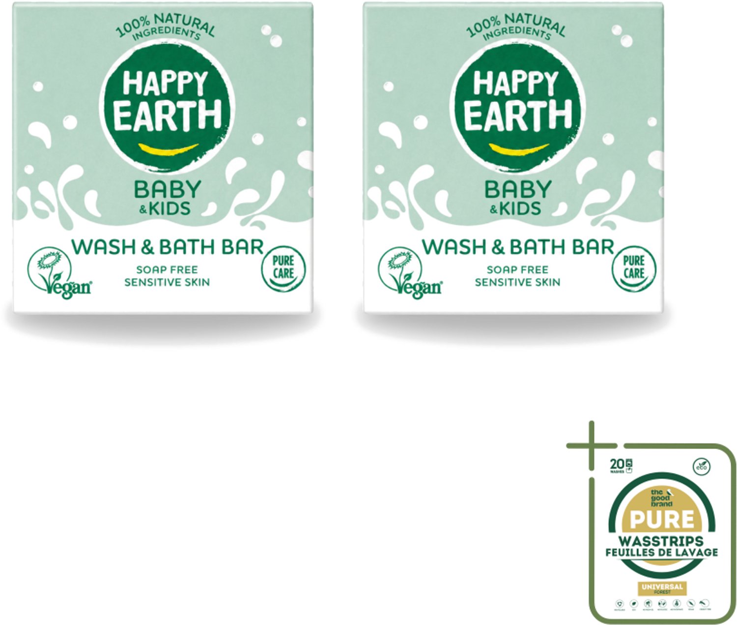 2 x Happy Earth – Wash & Bath Bar – 100% Natuurlijk Baby & Kids – 50 g - Wasstrips - Baby Wasbar - Natuurlijke Wasbar - Baby Badbar - Gevoelige Huid Verzorging - Zeepvrije Wasbar