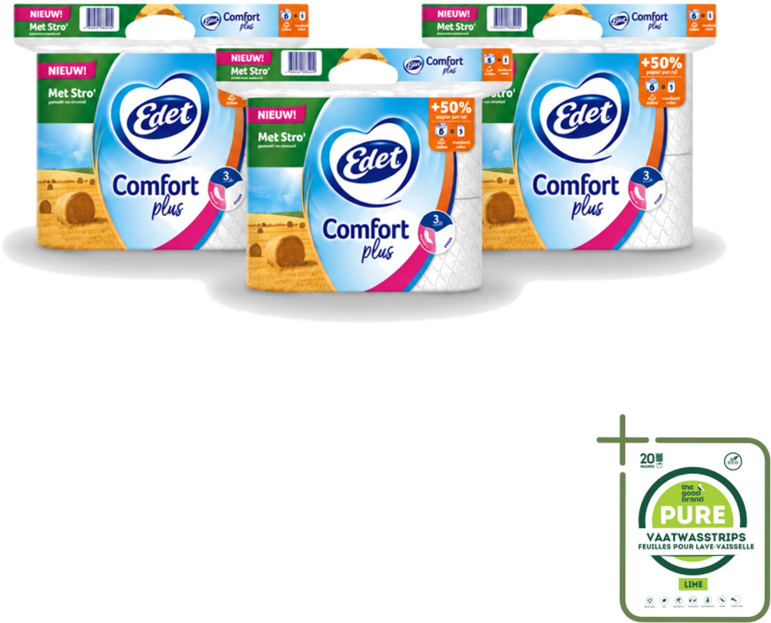 3 x Edet – Toiletpapier – 3-Laags - Grootverpakking - Toiletpapier - Stro - Duurzaam Toiletpapier - Plusrol - Comfort Plus