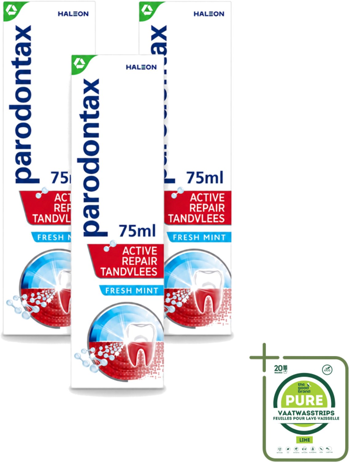 3 x Parodontax – Tandpasta – Active Repair Fresh Mint – 75 ml - Grootverpakking - Vaatwasstrips - Tandvlees Herstellen - Tandplak Verwijderen - Bloedend Tandvlees - Gezwollen Tandvlees - Ontstoken Tandvlees