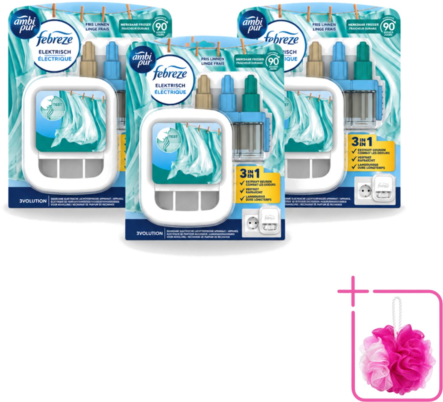 3 x Ambi Pur - 3Volution - Starterkit - Fresh Linnen - 20 ml - Bulkverpakking - Geurwisseling - Douchemop - Frisse linnengeur