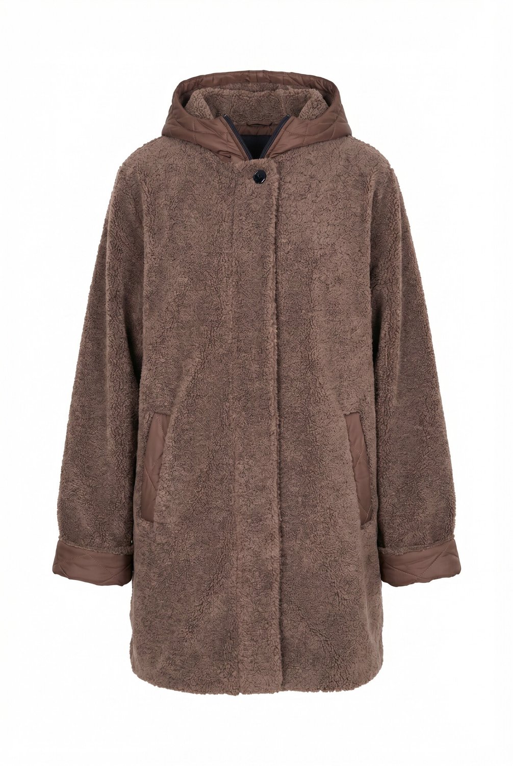 Ulla Popken - Dames - Jas teddyfleece capuchon stiksels - Bleekbruin - Maat 54+