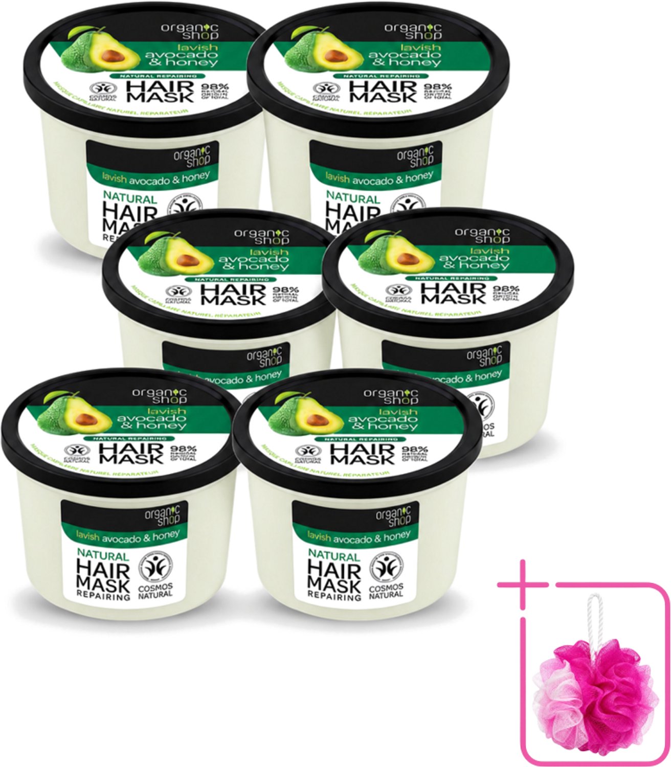 6 x Organic Shop - Haarmasker Avocado & Honey - Hydraterend en Verzachtend - 250 ml - Bulkverpakking - Haarmasker avocado en honing - Douchemop - Natuurlijk haarmasker