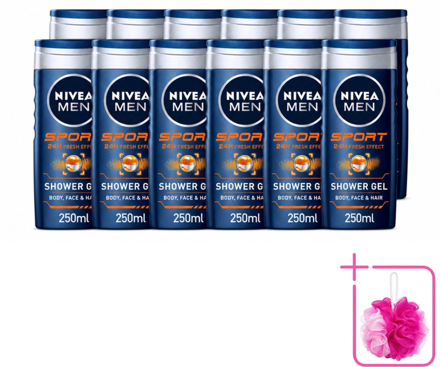 12 x NIVEA MEN – Douchegel – Sport – 250 ml - Bulkverpakking - Sportdouchegel - Douchemop - Fris na sporten