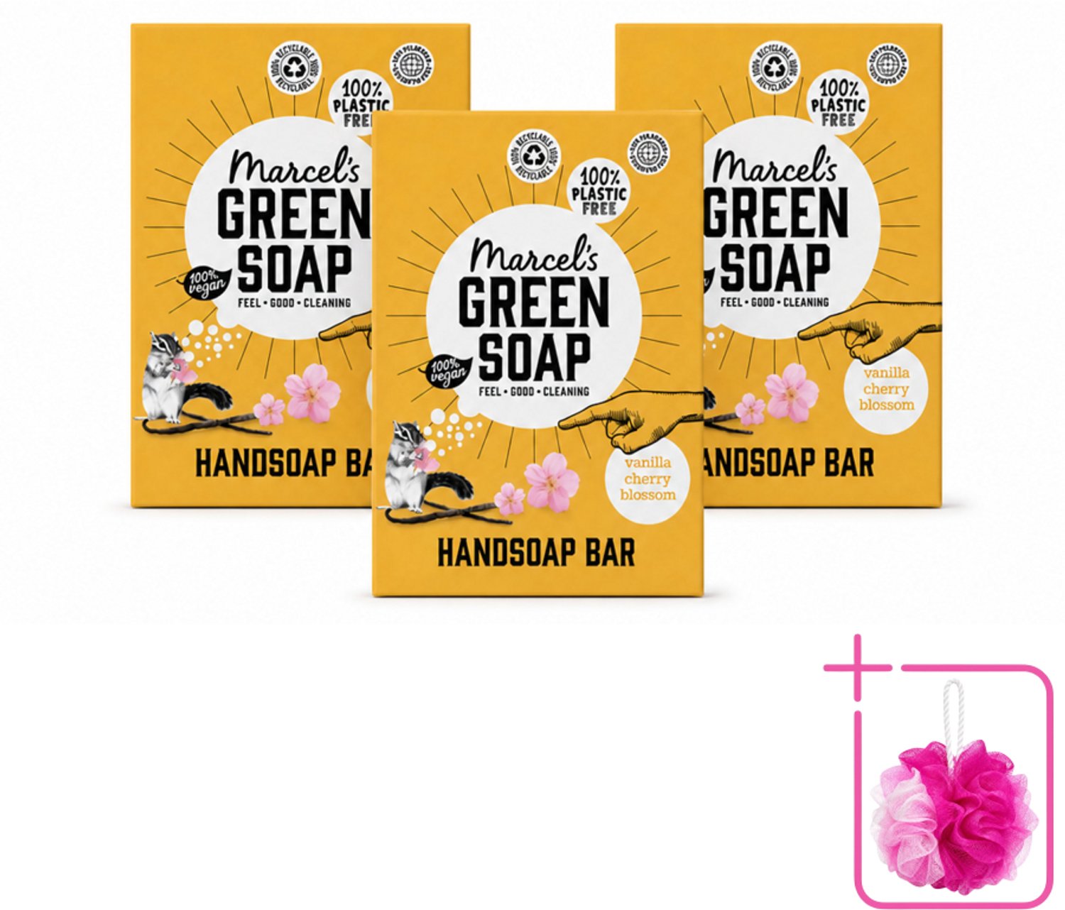 3 x Marcel's Green Soap - Handzeep Bar - Vanille & Cherry Blossom - Krachtige werking - 90 gr - Bulkverpakking - Handzeep bar - Douchemop - Plasticvrije handzeep