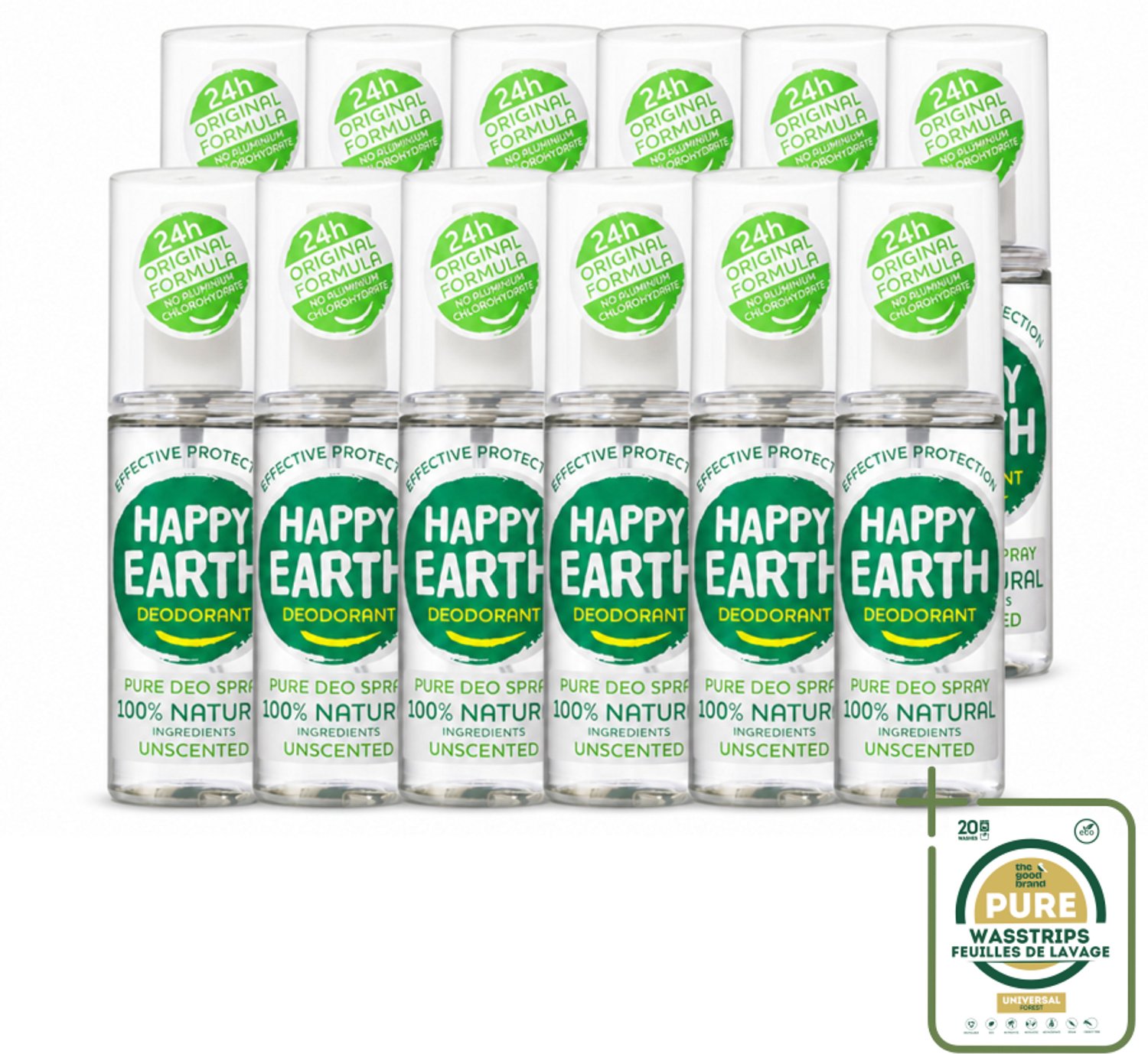 12 x Happy Earth – Deodorant Spray – 100% Natuurlijk Unscented – 100 ml - Wasstrips - Geurloze Deodorant - Hypoallergene Deodorant - Natuurlijke Deodorant - Deodorant Spray - 100% Natuurlijk