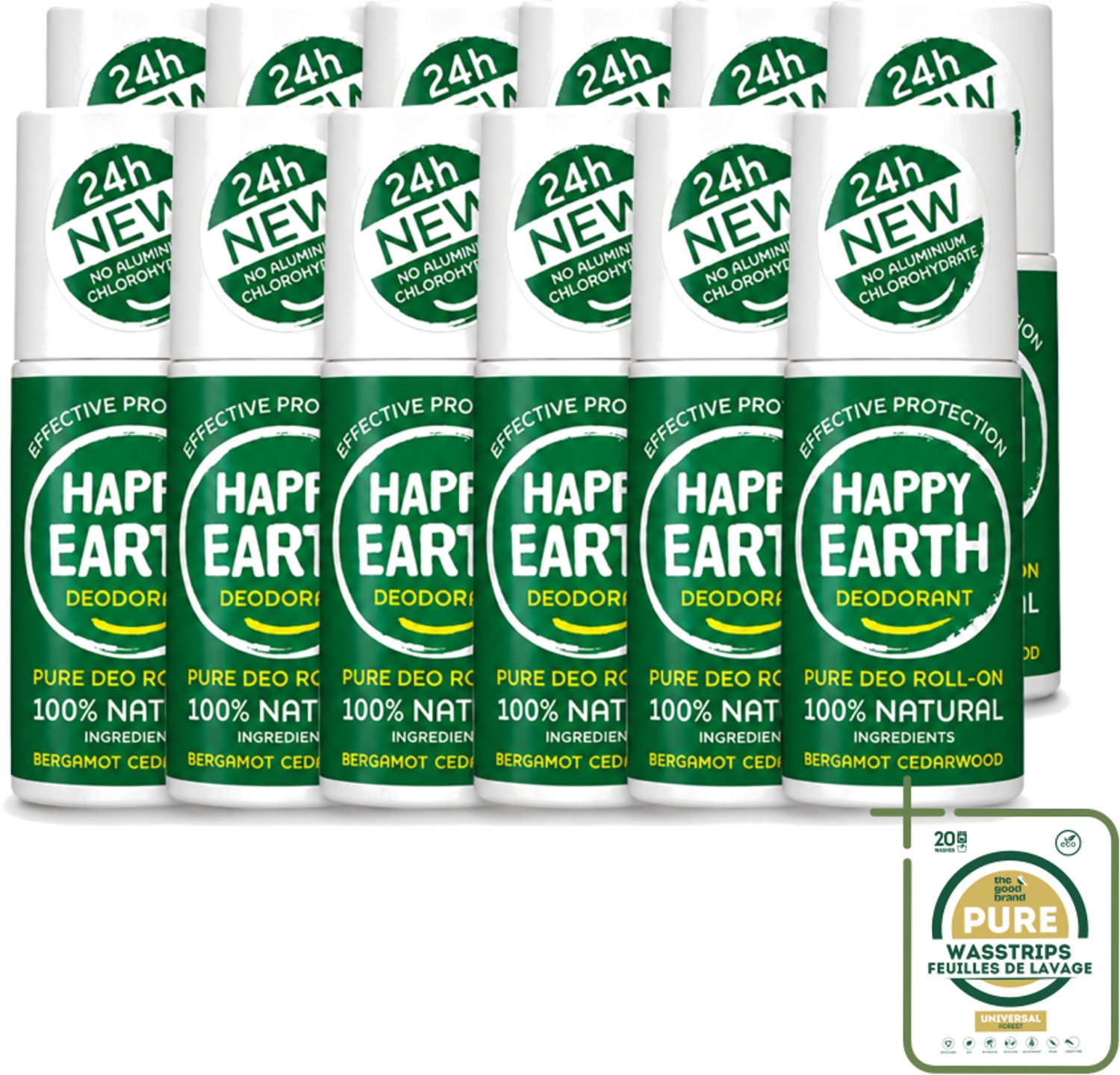 12 x Happy Earth – Deodorant Roll-On – 100% Natuurlijk Bergamot Cedarwood – 75 ml - Wasstrips - Natuurlijke Deodorant - Bergamot - Cederhout - Roll-on Deodorant - 24 Uur Geurbeleid