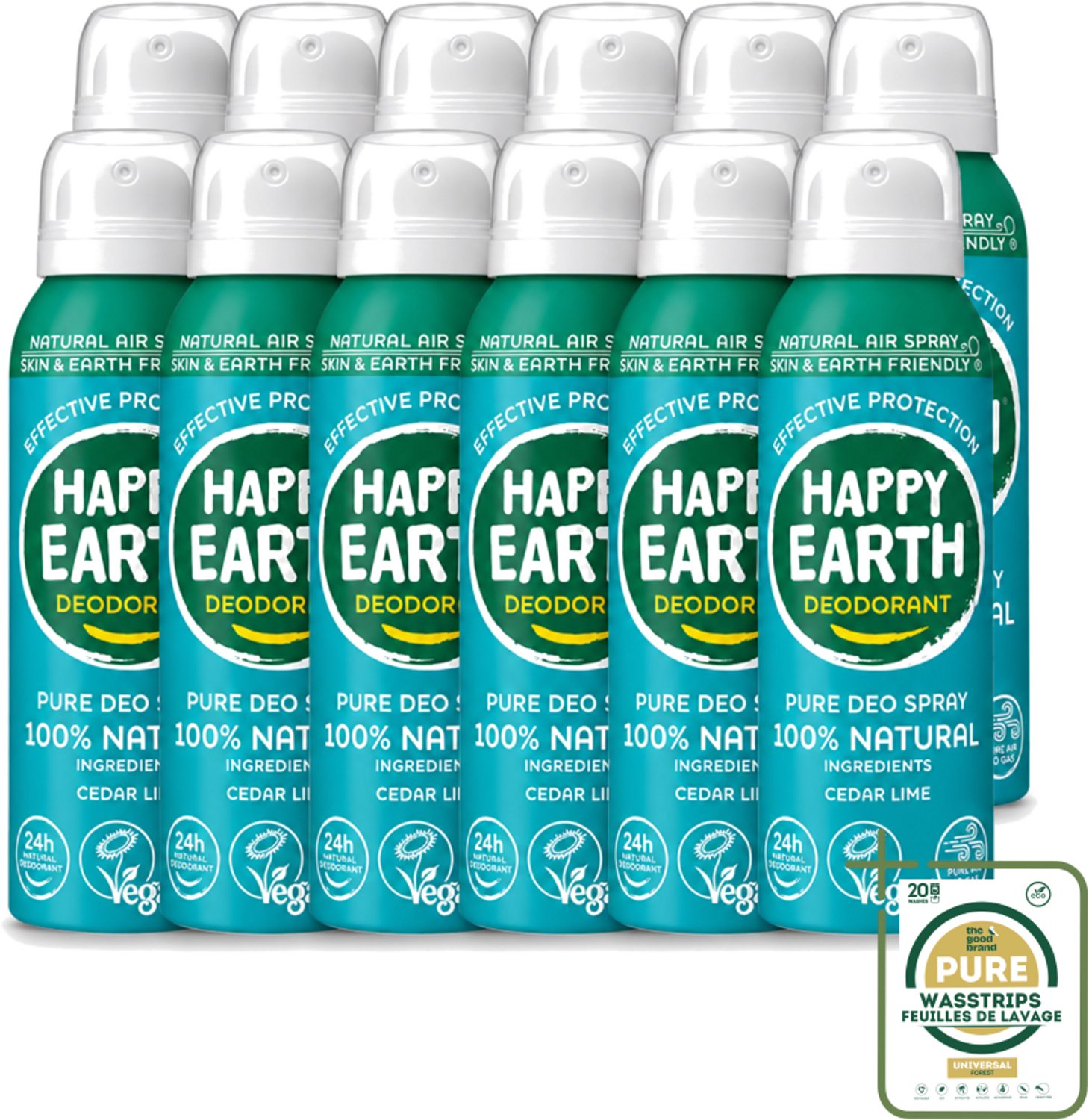 12 x Happy Earth – Deodorant Natural Air Spray – 100% Natuurlijk Cedar Lime – 100 ml - Wasstrips - 100% Natuurlijke Deodorant - Ceder En Limoen - Frisse Geur - Anti-perspirant - Huidvriendelijk