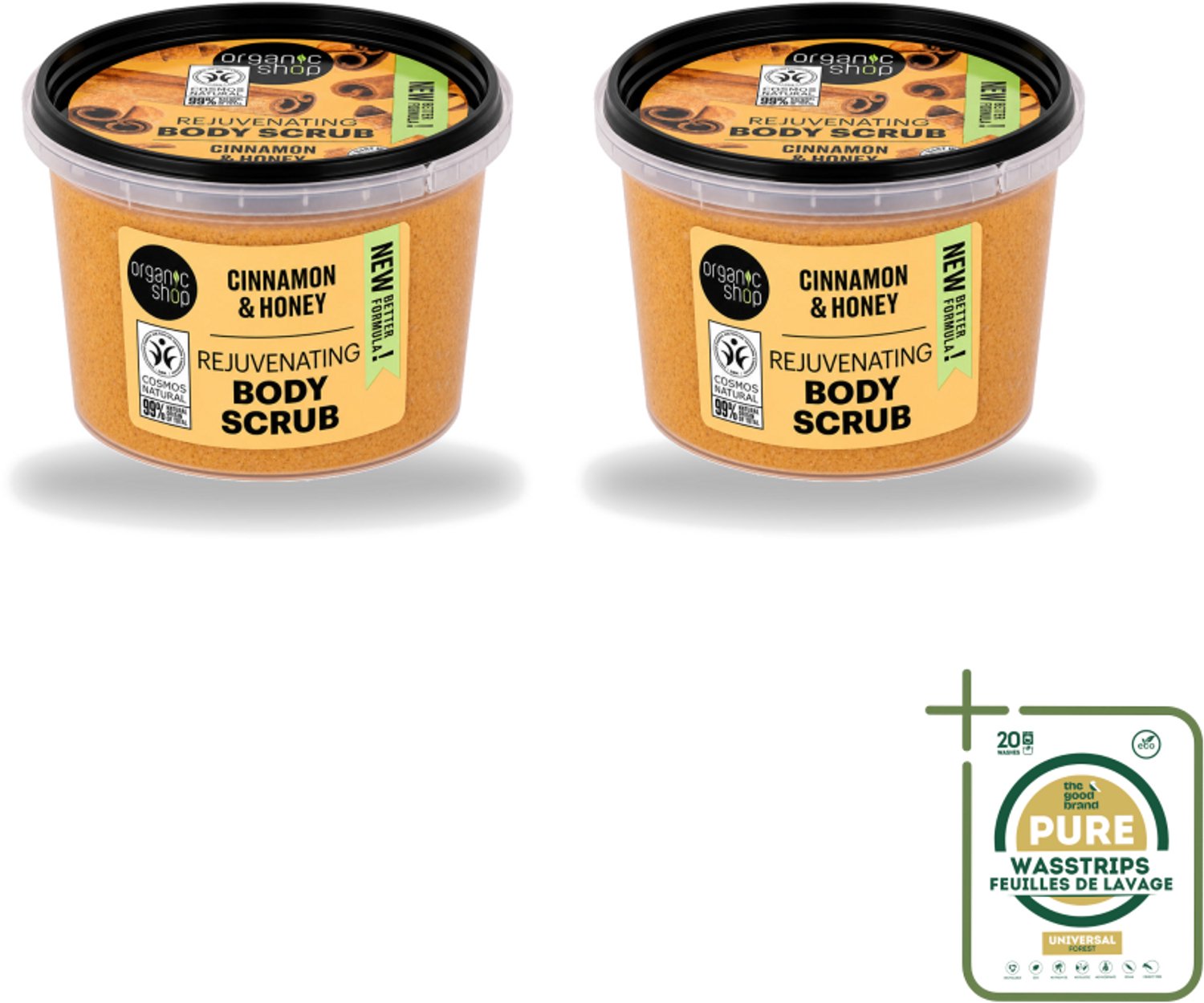 2 x Organic Shop - Rejuvenating Body Scrub Cinnamon - Exfoliërend en Hydraterend - 250 ml - Wasstrips - Exfoliatie - Huidvernieuwing - Kaneel - Natuurlijke Huidverzorging - Hydraterende Scrub