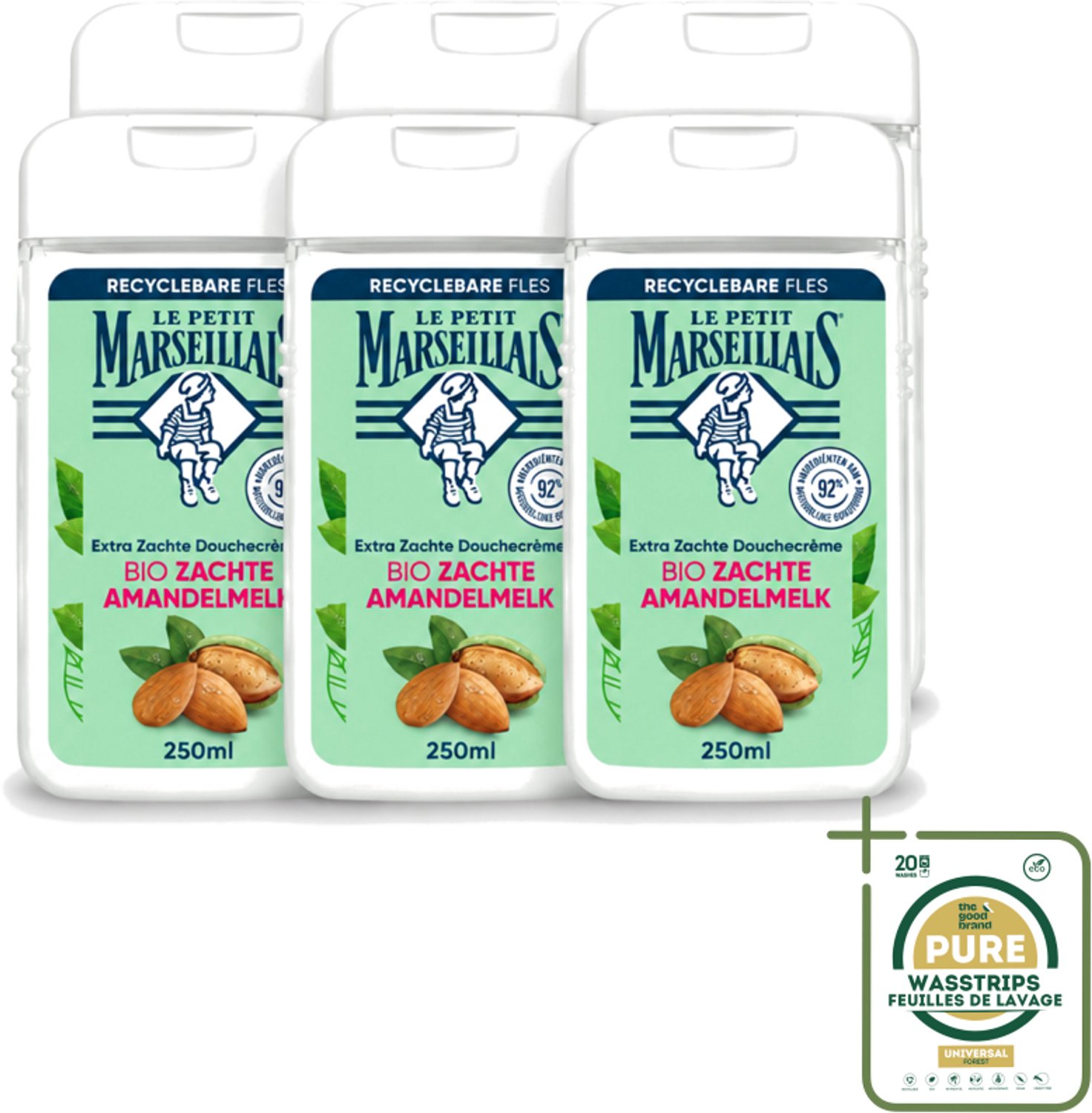 6 x Le Petit Marseillais – Douchecrème – Zoete Amandel – Hydraterend – 250 ml - Wasstrips - Douchecrème - Amandel - Hydraterend - Zachte Reiniging - Natuurlijke Ingrediënten