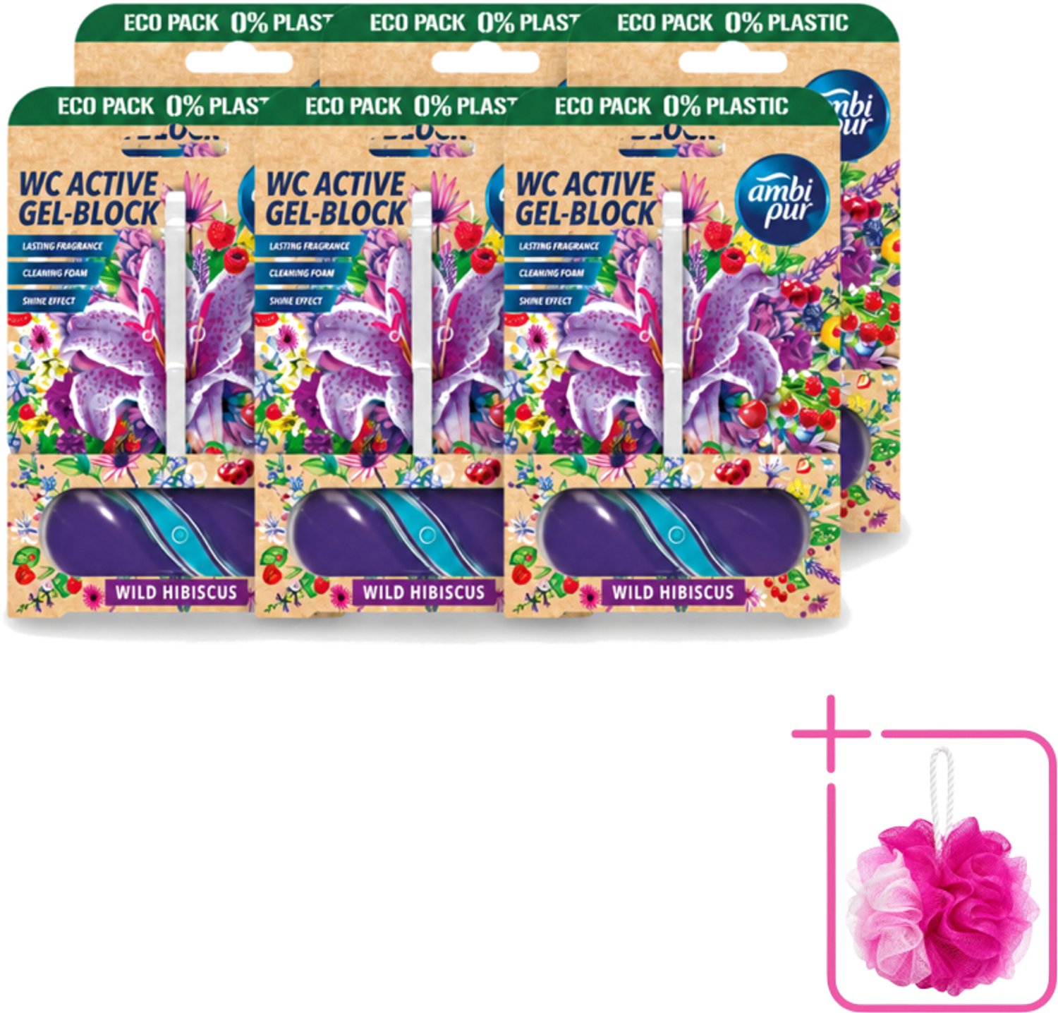 6 x Ambi Pur – Toiletblok – Wild Hibiscus – 45 g - Bulkverpakking - Toiletblok - Douchemop - Fris toilet