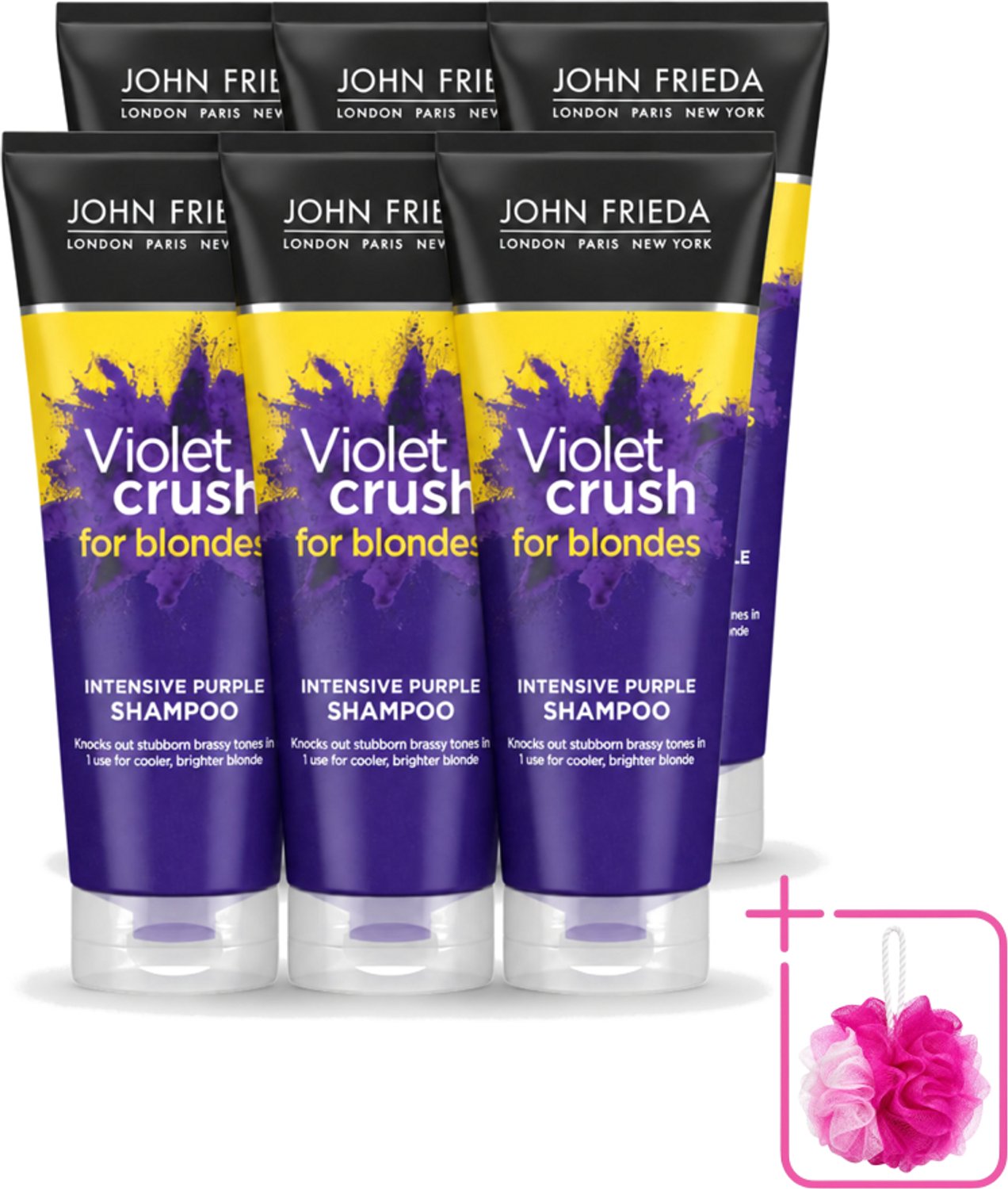 6 x John Frieda – Shampoo – Sheer Blonde Violet Crush Intensive Purple – Tegen gele ondertonen – 250 ml - Bulkverpakking - Gele en oranje tonen neutraliseren - Douchemop - Zilvershampoo