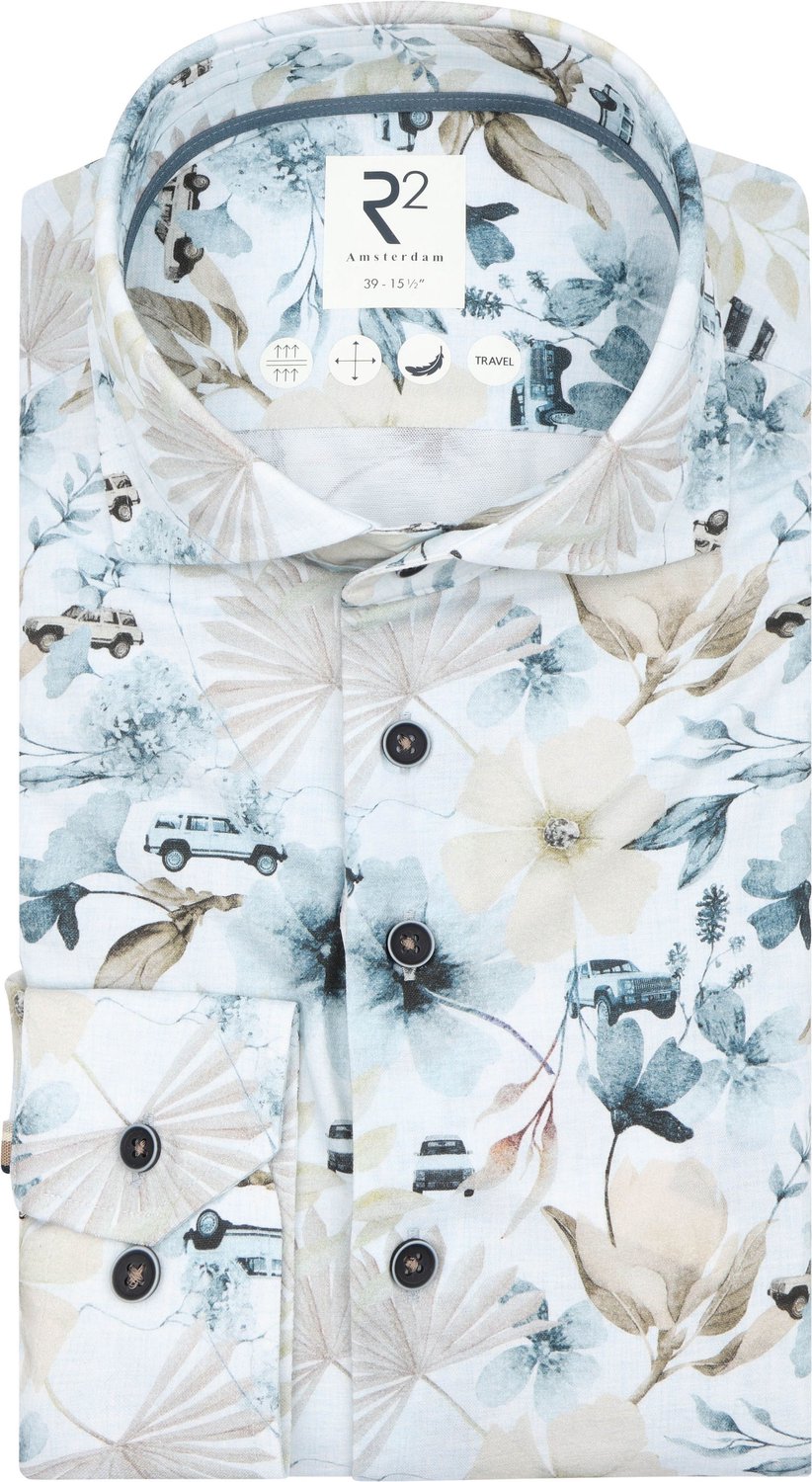 R2 Overhemd Knitted Sorona Bloemenprint Beige - Maat 41 - Heren - Overhemden Formeel