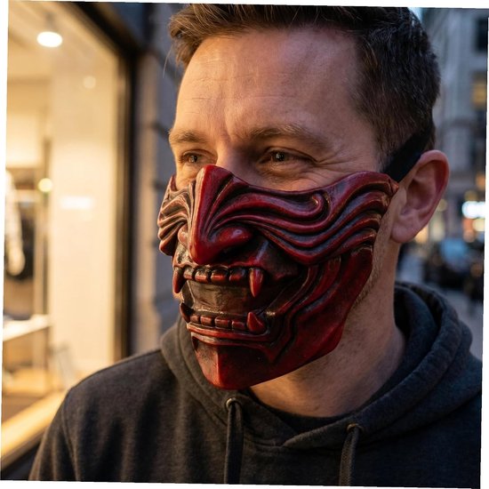 Half Face Japanese Samurai Mask Lichtgewicht Latex Demon Mask met Donkerrood Relief Ademend Flexibel voor Halloweenfeest Cosplay Podiumgebruik — afbeelding 3