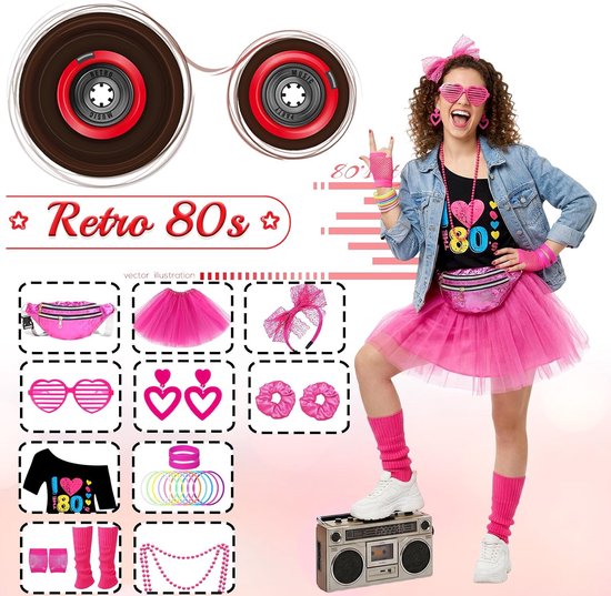 26 stuks jaren 80-kostuum, feestoutfit disco, neon uit de jaren 90, T-shirt, tutu, armband, heuptas, bril, armband, halskettingen, beenwarmers, outfit jaar, themafeest, carnaval, dames — afbeelding 2