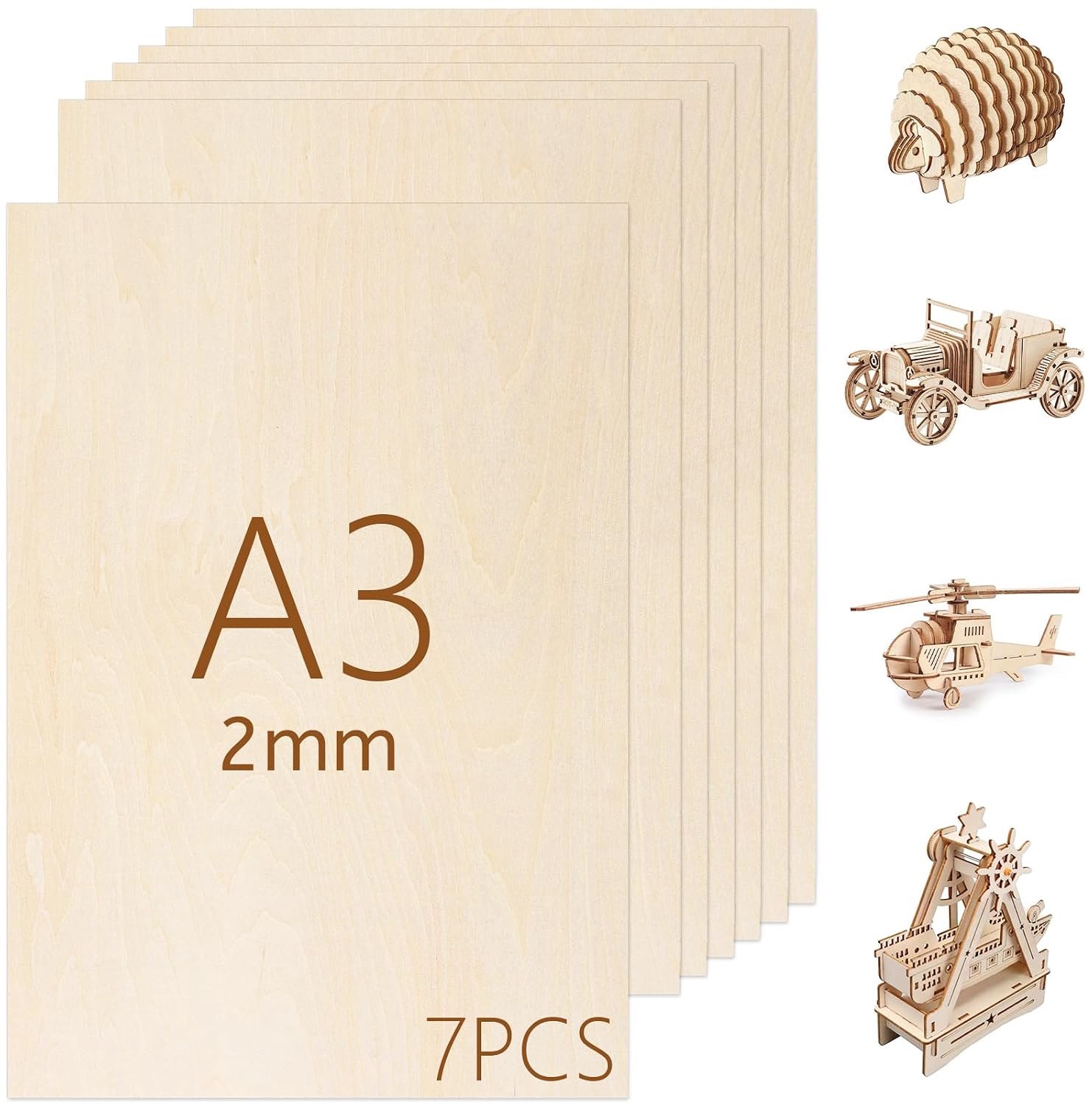 Houten panelen A3 - 7 stuks - multiplex 2 mm - gladde afwerking - ideaal voor knutselprojecten - ShopVlot