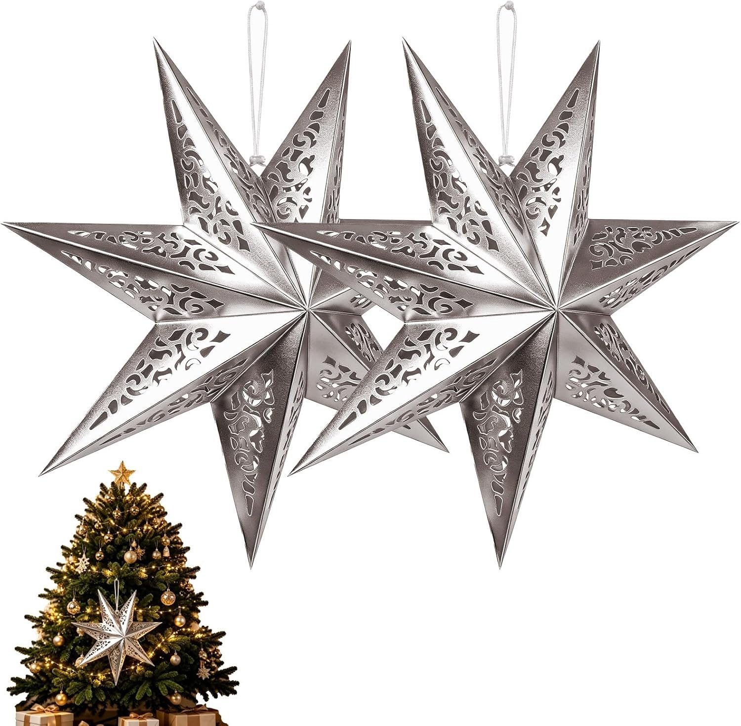 Zilveren Sterrenhanger - 45 cm - 3D Kerstdecoratie - Set van 2
