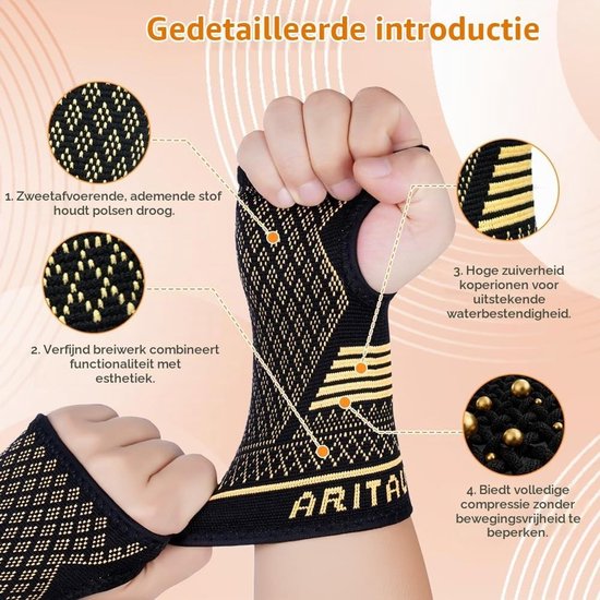 Wrist Support Mouwen Set van 2 voor Linker en Rechter Hand, Koper Compressie voor Carpaal Tunnel, Artritis en Tendinitis met Duimlus — afbeelding 2