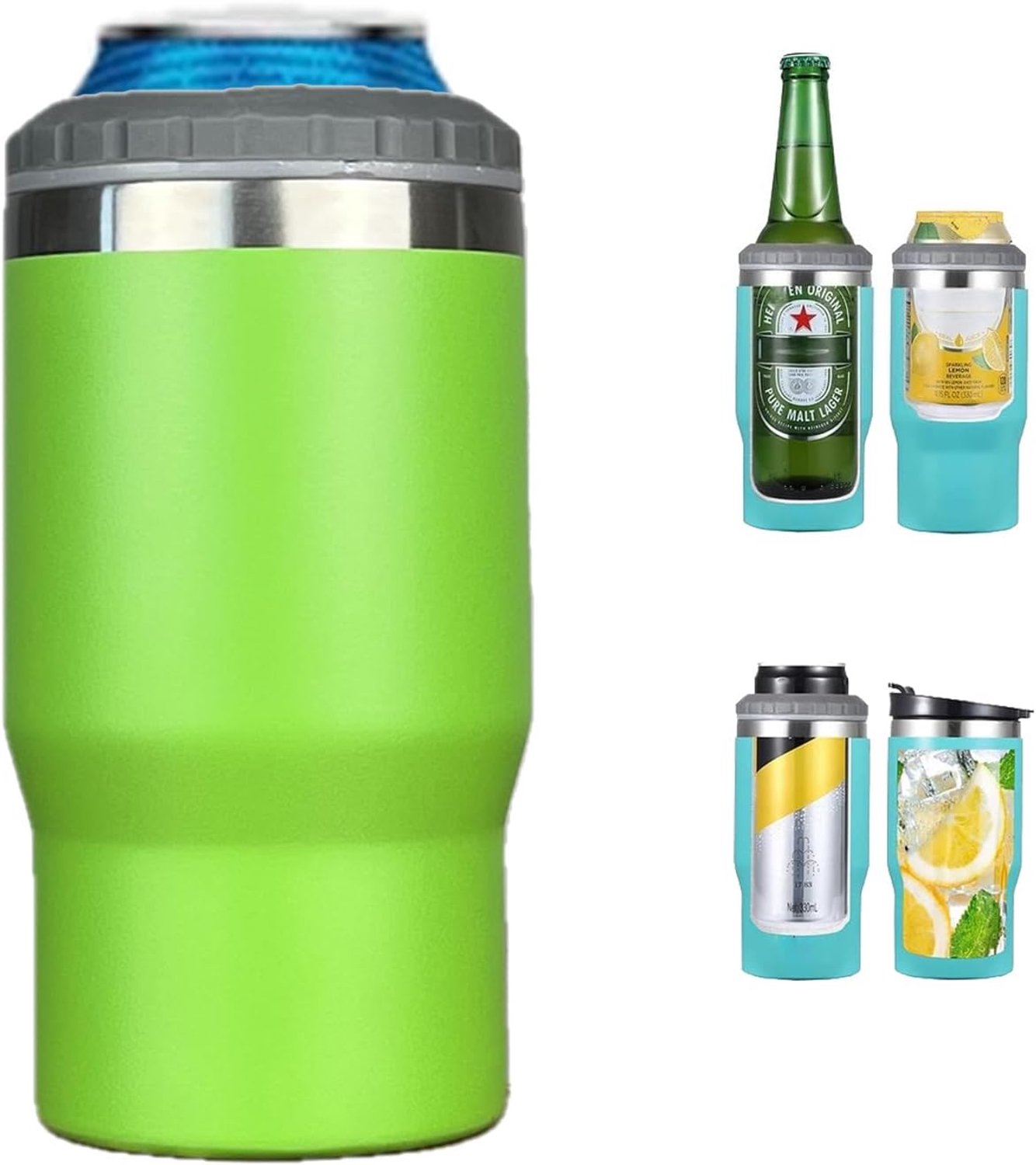 4-in-1 roestvrij stalen blik/fles isolator, 14oz tweerichtingsdeksels SUS geïsoleerde blikenkoeler, bierfleshouder (Groen)