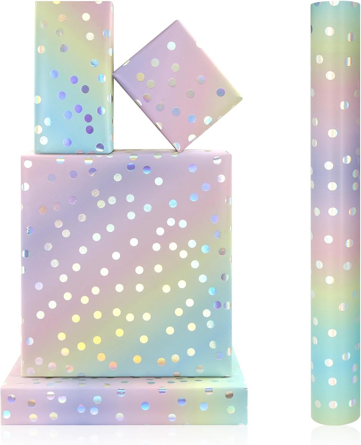 Inpakpapierrol met metallic folie en zilveren stippen op regenbooggradiënt - luxe geschenkverpakking voor verjaardagen, babyshowers en bruiloften