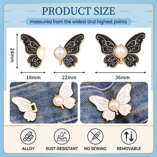 8 stuks afneembare jeansknopen, verstelbare taillespanner in vlindervorm, decoratieve gespen, zonder naden en zonder gereedschap, legering, 35 x 28 mm, meerkleurig — afbeelding 4