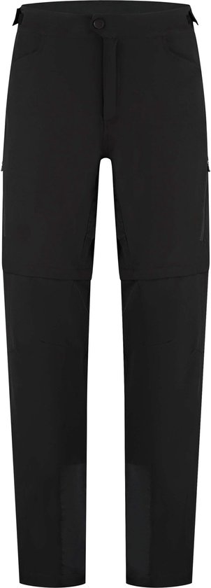Zwarte fietsbroek met afritsbare pijpen, staand model, met ritsen aan de onderkant van de pijpen.