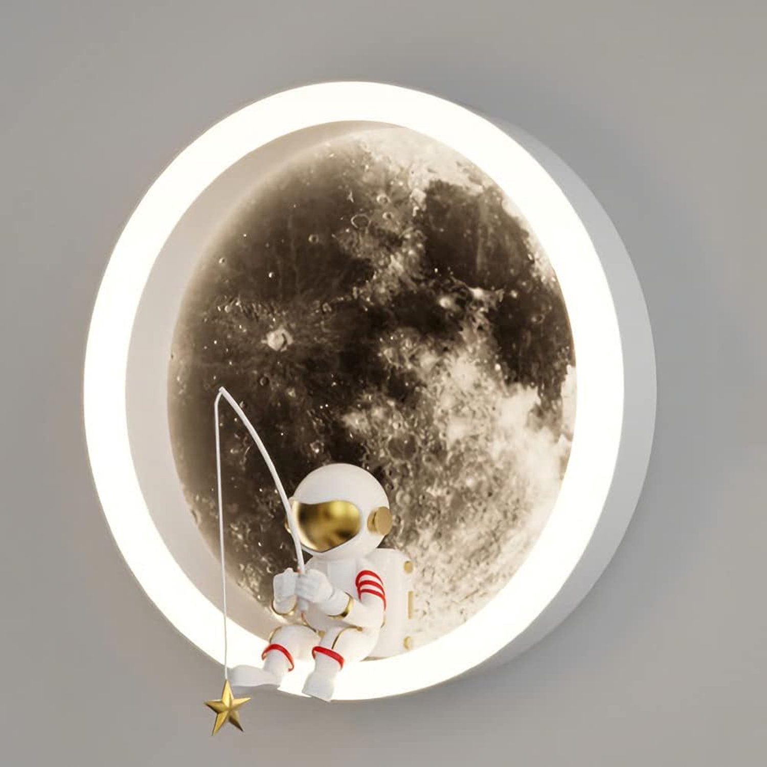 LED maan wandlamp voor kinderen, binnen, astronaut decoratie, creatieve ronde bedwandlamp,Bedrading vereist， 12W, 3000K, voor kinderkamer en slaapkamer (A: Wit)