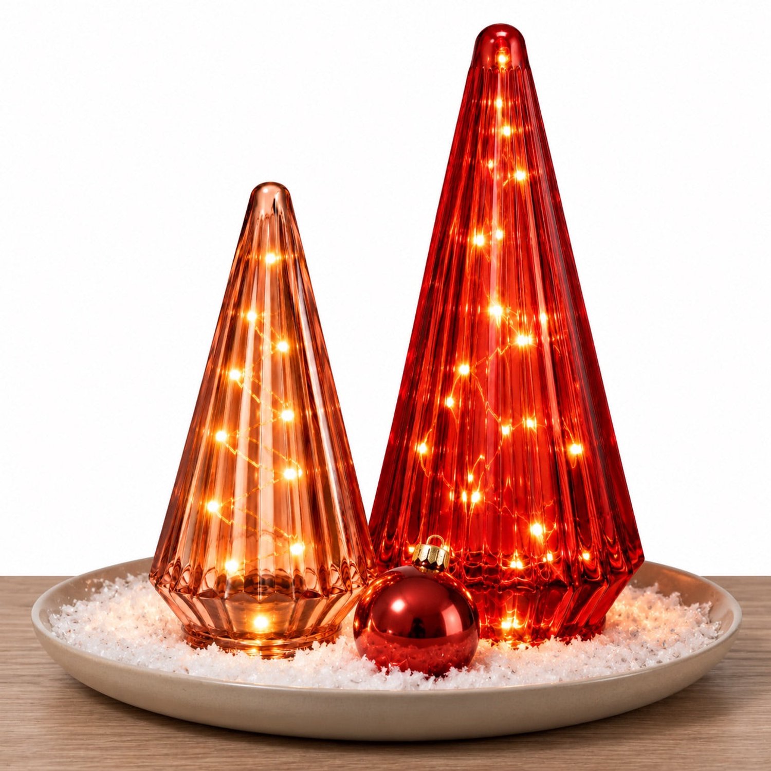 Glazen Kerstboom Pink en Rood met LED verlichting H:24 en 33cm S/2