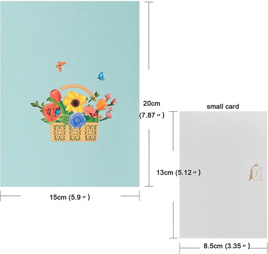 3D pop-up verjaardagskaart, Valentijnskaart, bedankkaart, afstudeerkaart, kaart voor verjaardag, bruiloft, jubileum, verloving, Valentijnsdagkaart met envelop, rozen en zonnebloemen, bloemenmand — afbeelding 3