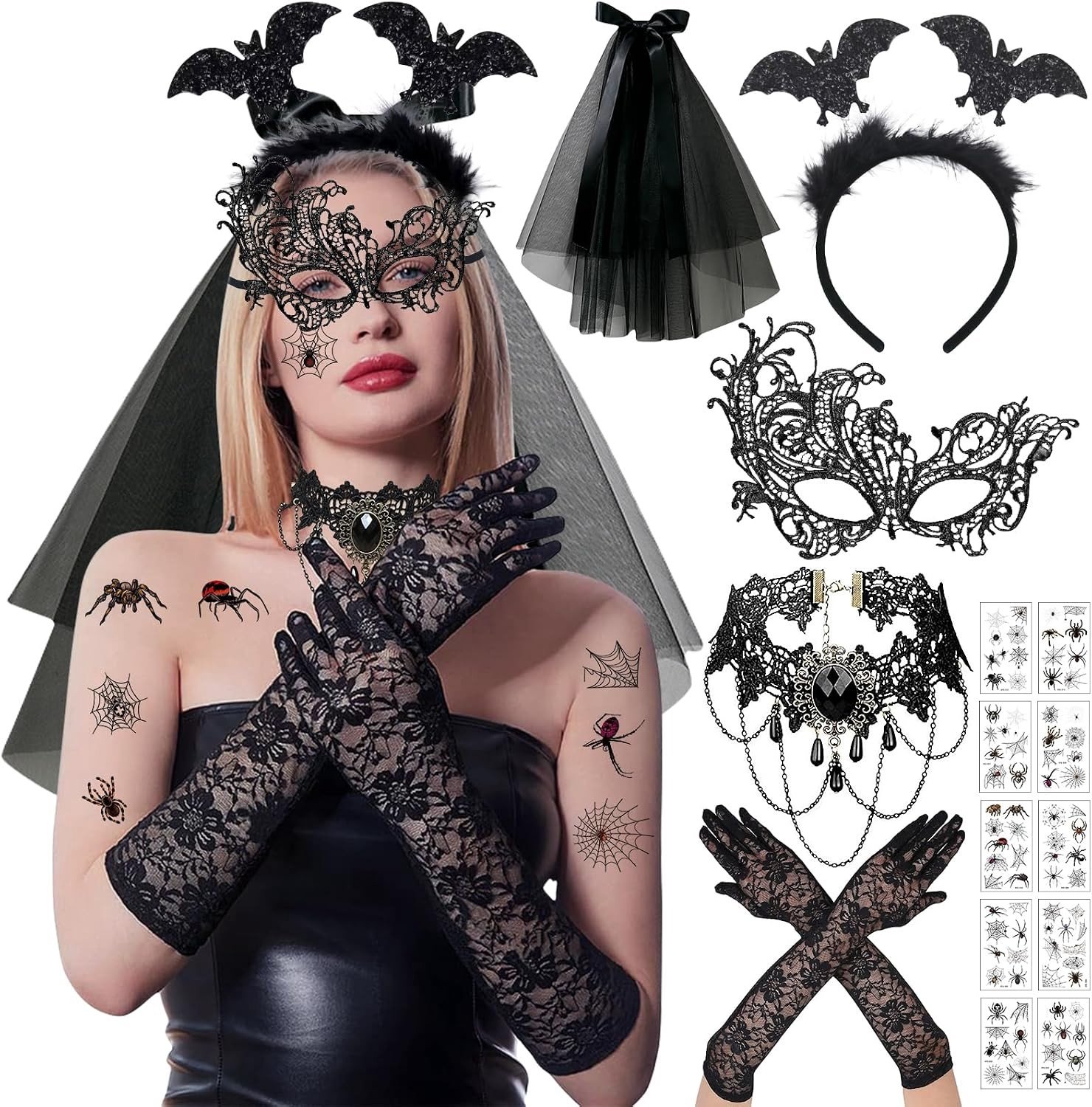 Halloween Kostuum Accessoires voor Vrouwen - Venetiaans Masker, Gothic Sieraden, Sexy Kanten Handschoenen en Hoofdband voor Carnaval en Maskerade