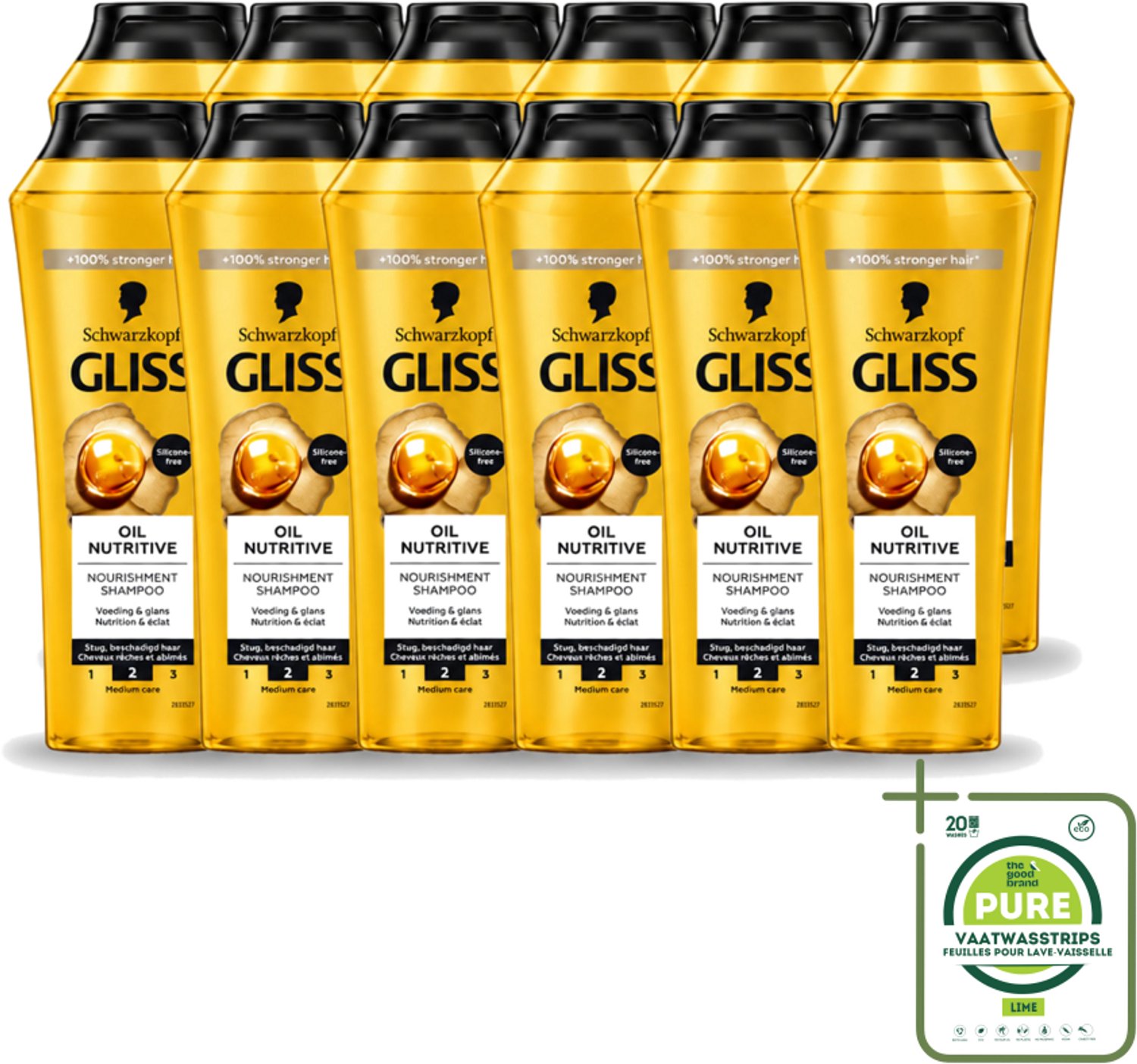 12 x Gliss - Shampoo - Oil Nutritive - Voor Voedend en Zijdezacht Haar - 250 ml - Grootverpakking - Vaatwasstrips - Voedend Haarverzorging - Lang Haar - Droog Haar - Gespleten Haarpunten - Haar Verzorging