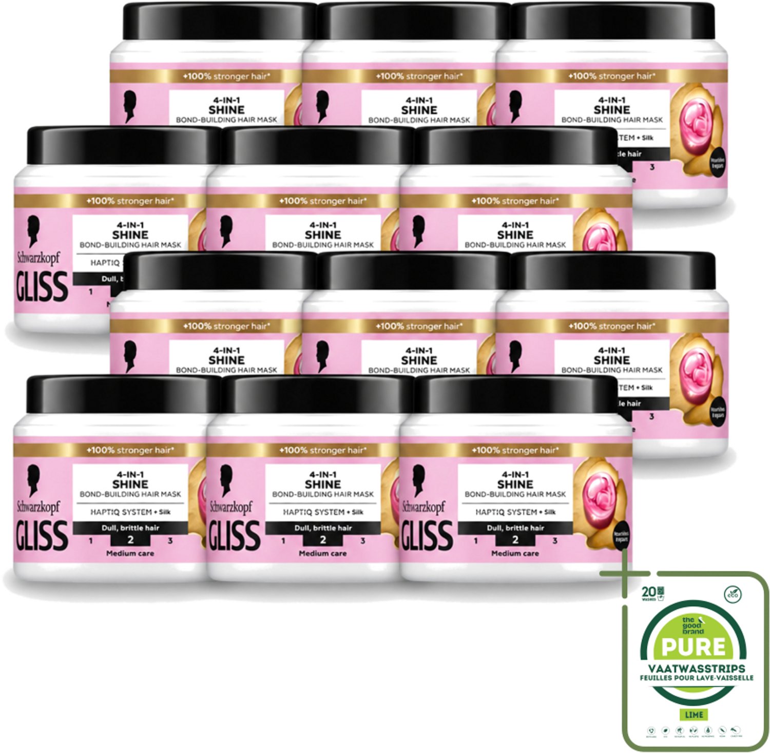 12 x Gliss - Haarmasker - 4in-1 Hair Mask - Voor Zijdezacht en Glanzend Haar - 400 ml - Grootverpakking - Vaatwasstrips - Haarmasker - Zijde - Glans - Haarherstel - Haarvoeding