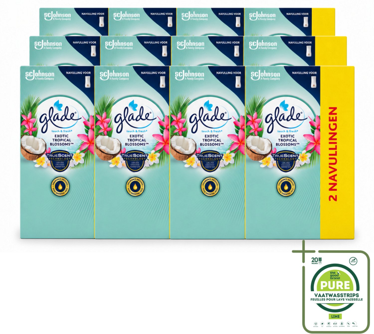 12 x Glade - Touch & Fresh - Exotic Tropical Blossoms - 2x 10 ml - Grootverpakking - Vaatwasstrips - Geur - Frisheid - Monoi Olie - Tropische Bloemen - Kokosmelk