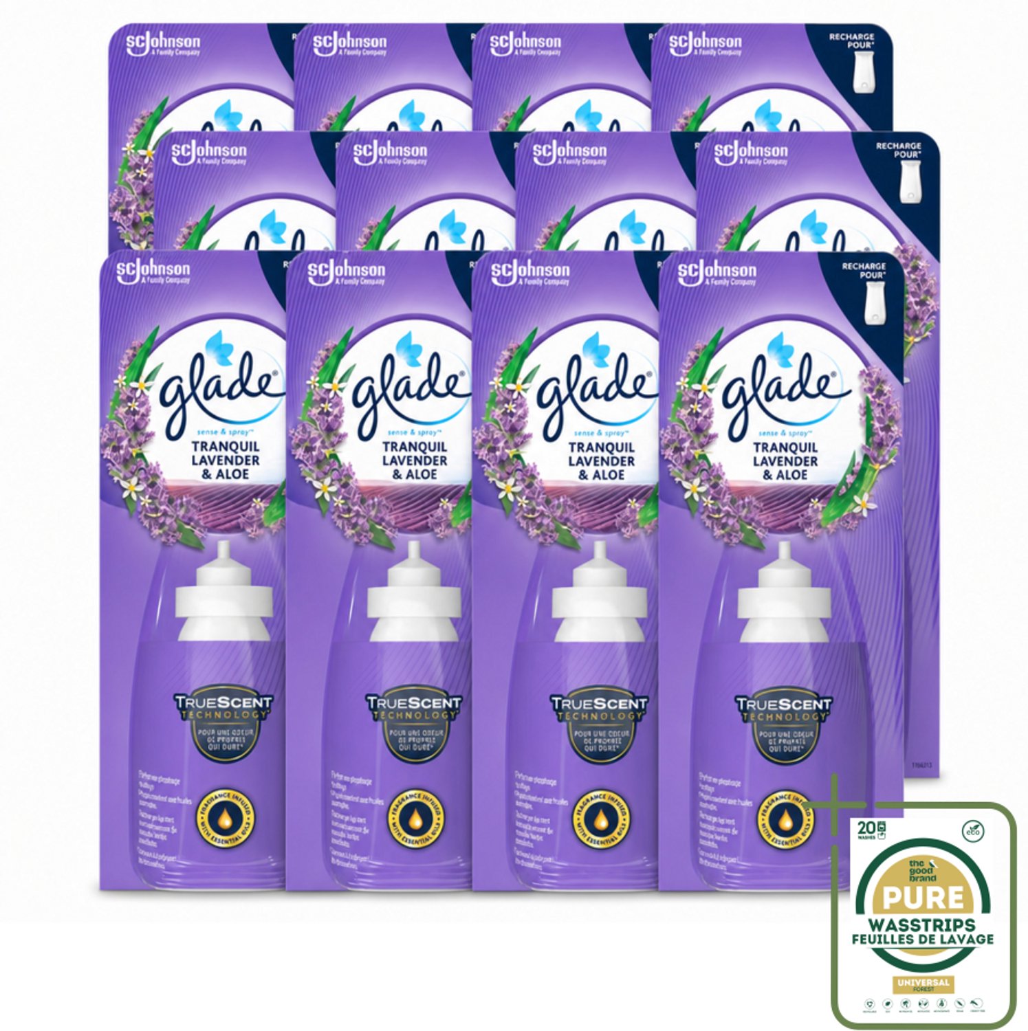 12 x Glade - Sense & Spray Navulling - Tranquil Lavender & Aloë - 18 ml - Wasstrips - Luchtverfrisser - Lavendel - Geur - Geurverspreiding - Geurhoudende Navulling