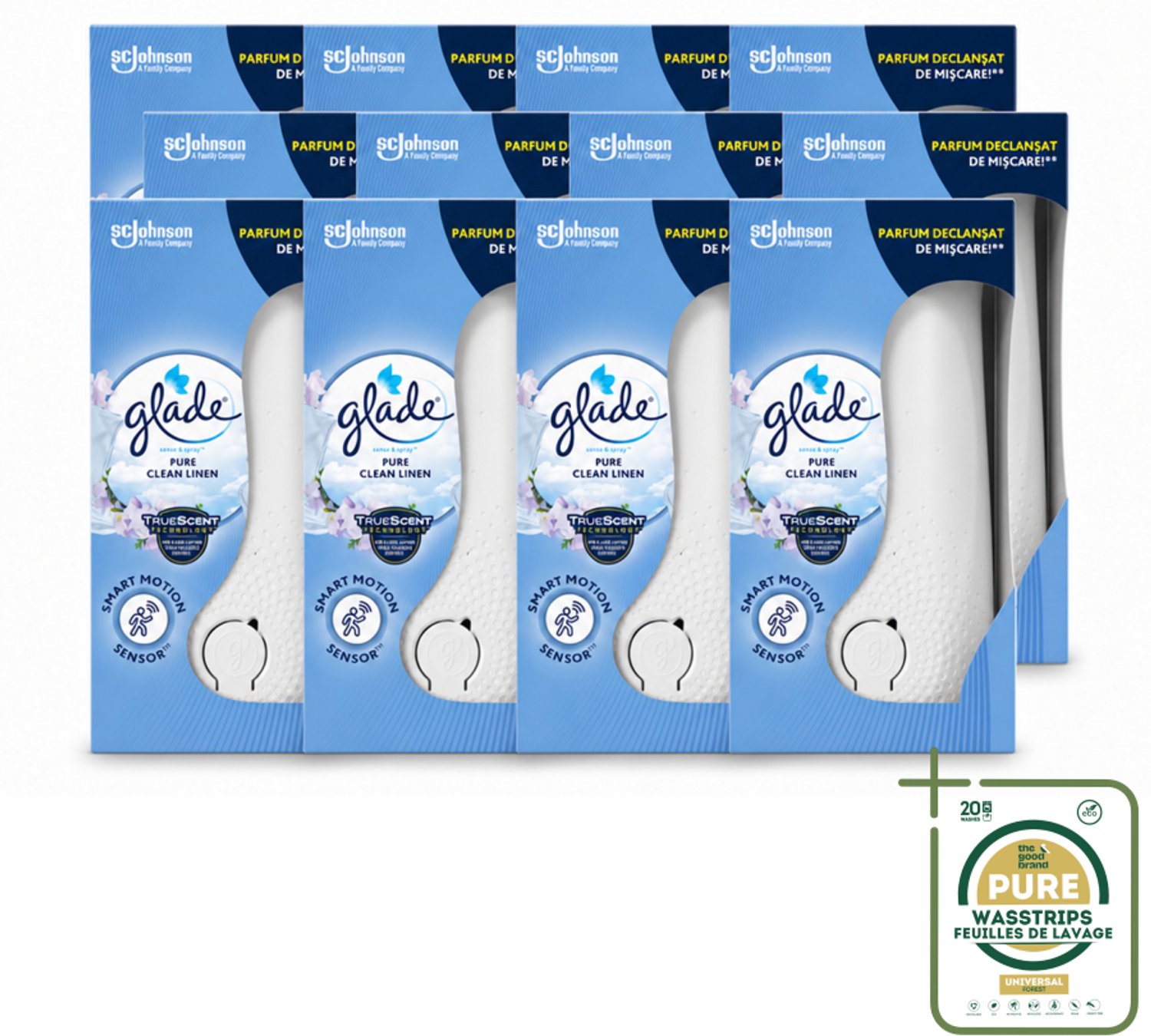 12 x Glade - Houder Sense & Spray - Pure Clean Linen - 18 ml - Wasstrips - Luchtverfrisser - Geurverspreiding - Geurhouder - Geurautomatisch - Geur In Badkamer