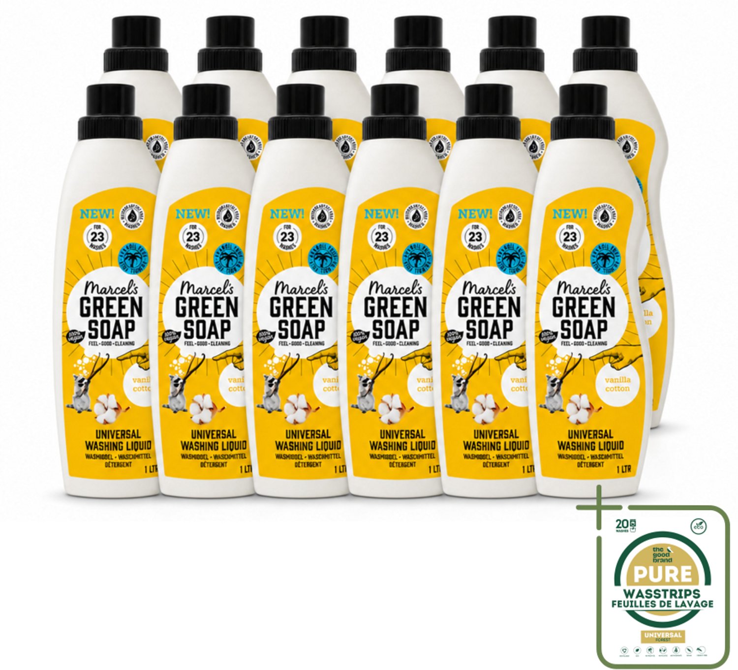 12 x Marcel's Green Soap - Vloeibaar Wasmiddel - Katoen & Vanille - Effectief & natuurlijk - 23 Wasbeurten - 1 Liter - Wasmiddel Katoen En Vanille - Natuurlijk Wasmiddel - Milieuvriendelijk Wasmiddel - Zeep Wasmiddel - Wasmiddel Voor Kleding