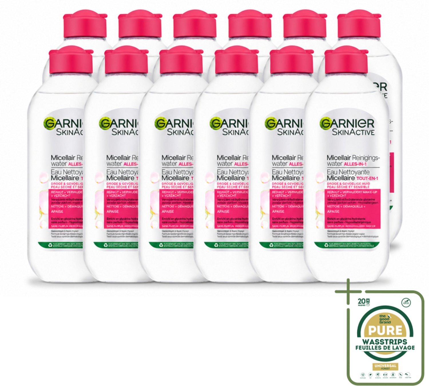 12 x Garnier - SkinActive - Micellair Reinigingswater - Droge & Gevoelige Huid - Hydraterend & Reinigend - 400 ml - Wasstrips - Micellair Reinigingswater - Droge Huid - Gevoelige Huid - Make-up Verwijderen - Gezicht Reinigen