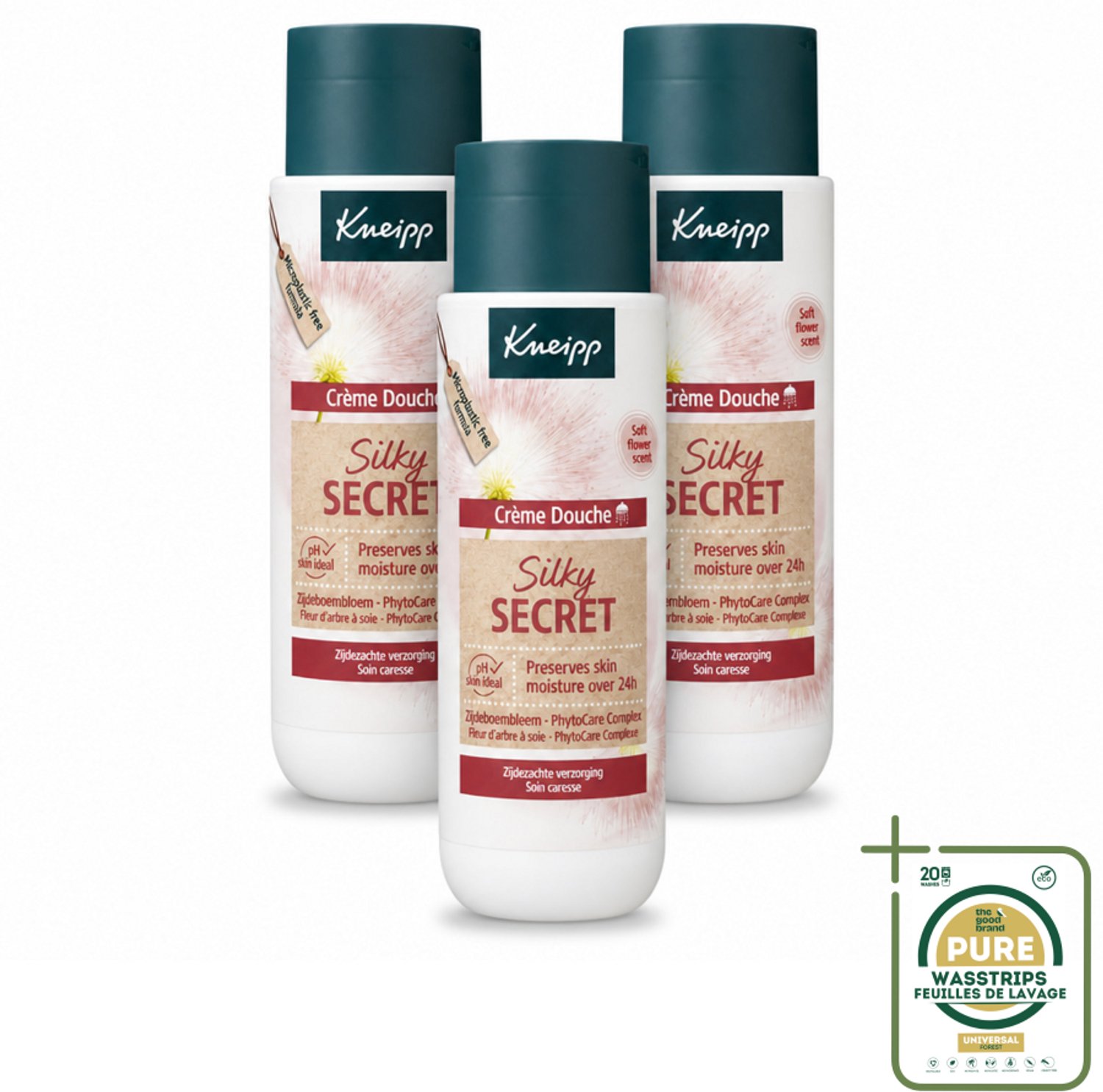 3 x Kneipp - Douchecrème - Silky Secret - 200 ml - Wasstrips - Douchecrème - Zijdezacht Huidgevoel - Verzorgende Douchecrème - Huidverzorging - Gevoelige Huid