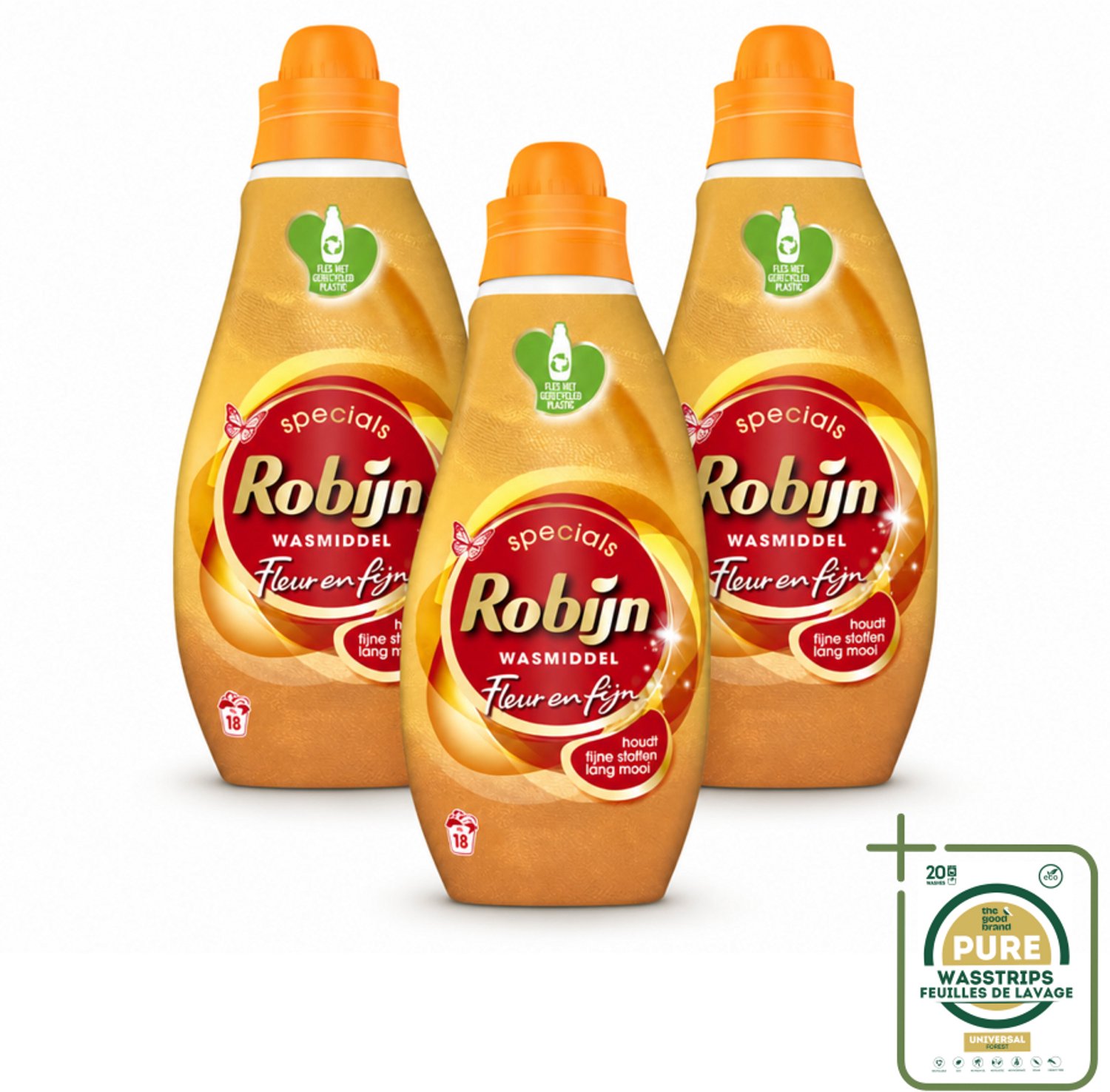 3 x Robijn Specials - Fleur & Fijn - Vloeibaar Wasmiddel - 18 Wasbeurten - Wasstrips - Fijne Was - Kleurbehoud - Biologisch Afbreekbaar - Wasmiddel - Machine- En Handwas