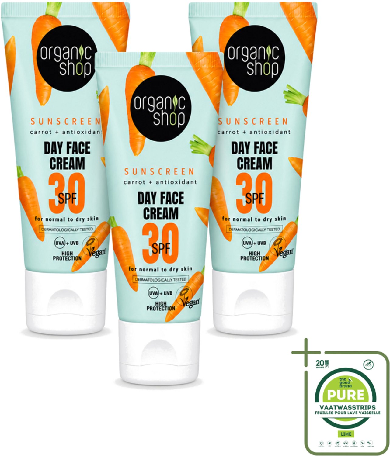 3 x Organic Shop - Zonnebrandcrème Gezicht SPF 30 - Normale Huid - 50 ml - Grootverpakking - Vaatwasstrips - Zonbescherming - Gezichtscreme - SPF 30 - Natuurlijke Zonnebrand - Huidbescherming