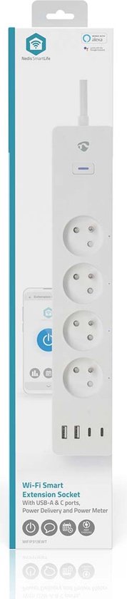 Doos van Nedis SmartLife WiFi Smart Extension Socket met 4 stopcontacten, 2 USB-A en 2 USB-C poorten, wit.