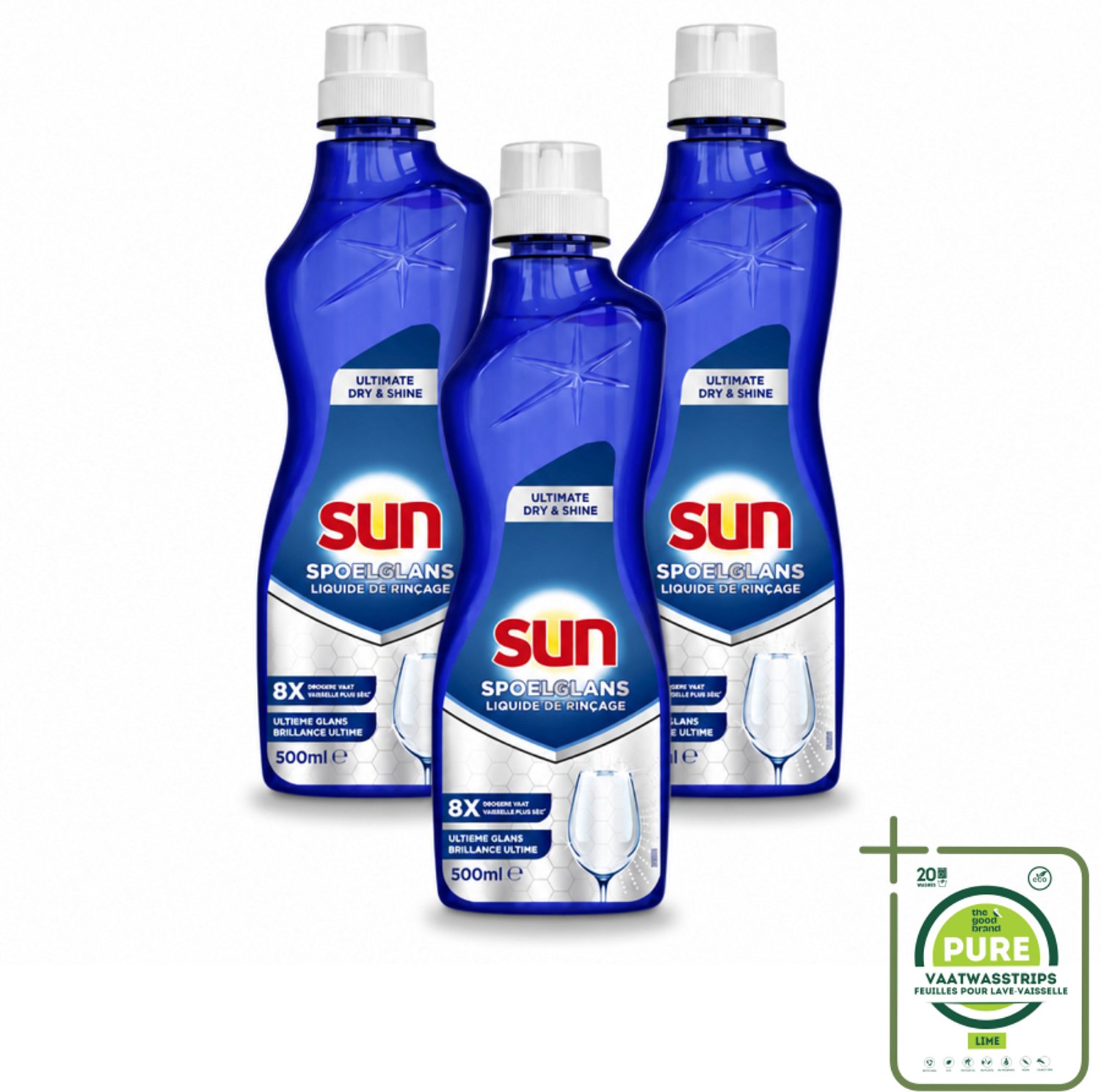 3 x Sun - Spoelglansmiddel - Dry & Shine - 500 ml - Grootverpakking - Vaatwasstrips - Spoelglansmiddel - Vaatwasser - Droog Resultaat - Glans Behoud - Vaat Drogen