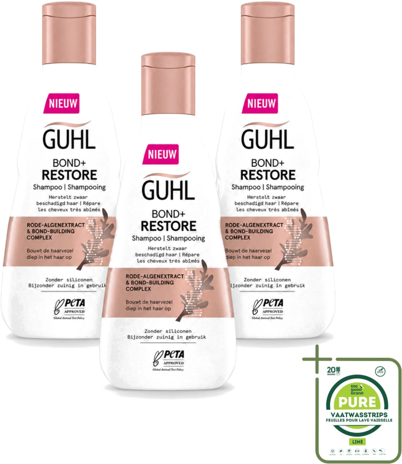 3 x Guhl - Shampoo - Bond+ Restore - 250 ml - Grootverpakking - Vaatwasstrips - Herstel Haar - Beschadigd Haar - Zwaar Beschadigd Haar - Haar Herstellen - Haar Versterken