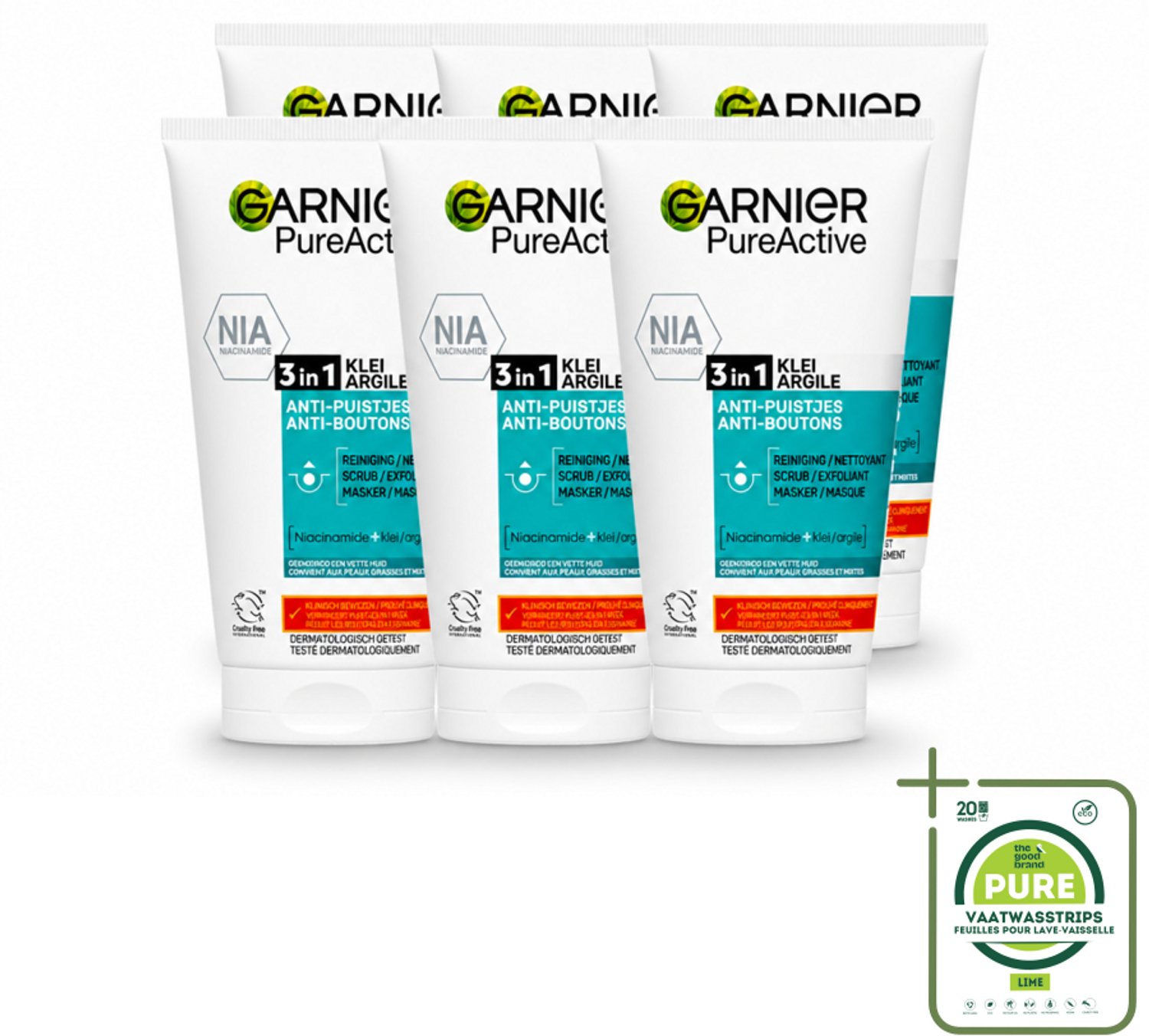 6 x Garnier - Pure Active - 3-in-1 Reiniging Scrub Masker - Tegen Puistjes & Onzuiverheden - Klei & Niacinamide - 150 ml - Grootverpakking - Vaatwasstrips - 3-in-1 Reiniging - Puistjes - Mee-eters - Huid Reinigen - Matte Huid
