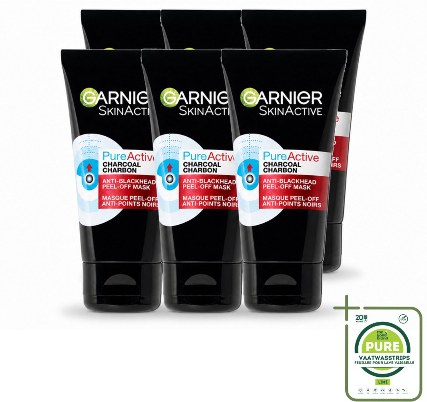 6 x Garnier - Pure Active - Peel-Off Masker - Charcoal - 50 ml - Grootverpakking - Vaatwasstrips - Huid Reinigen - Houtskool Masker - Salicylzuur Masker - Mee-eters Verwijderen - Poriën Verfijnen