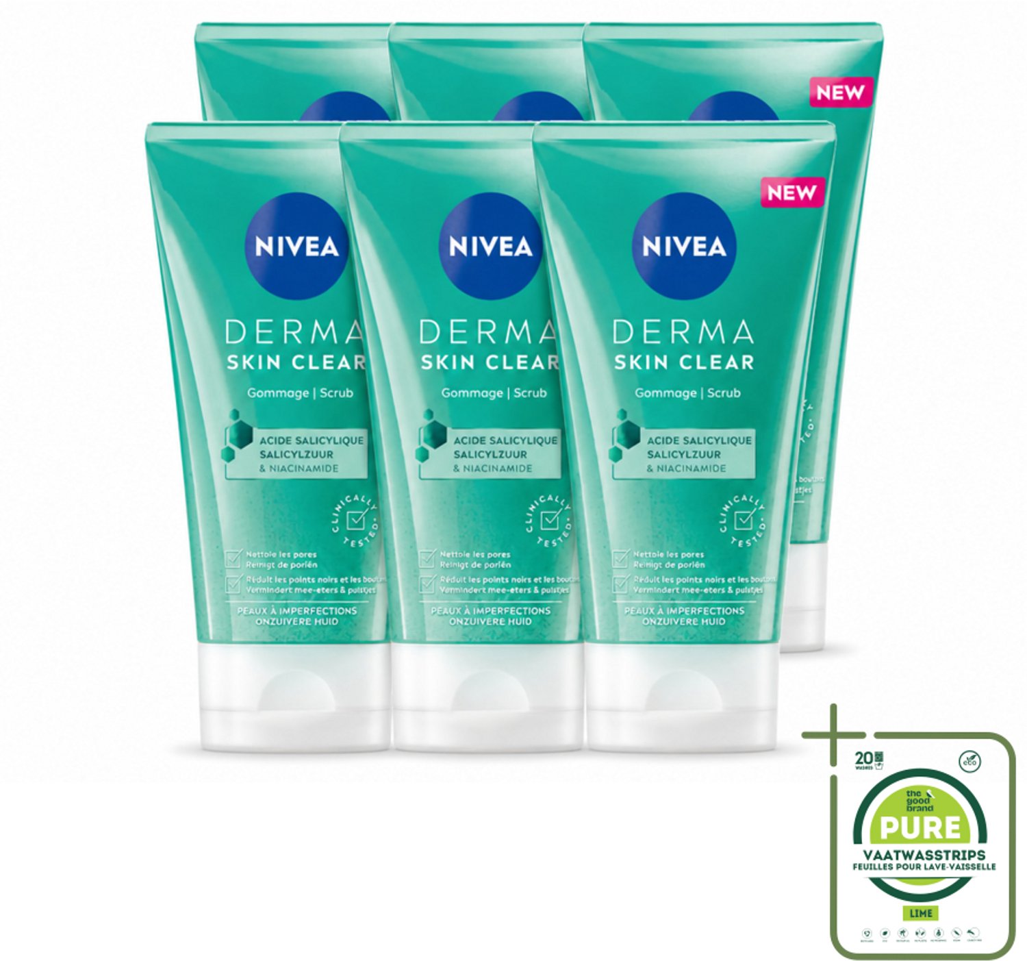 6 x NIVEA - Gezichtsscrub - DERMA Huidzuiver - Voor onzuivere huid - Met Salicylzuur (AHA) & Niacinamide - Tegen Acne & Mee-eters - 150 ml - Grootverpakking - Vaatwasstrips - Gezichtsverzorging - Puistjes - Mee-eters - Poriënreiniging - Acne