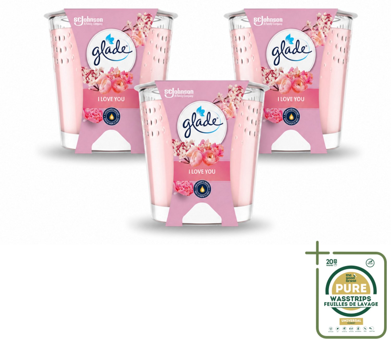 3 x Glade - Geurkaars I Love You - 100% Raapzaadwas & Vegan - 112 g - Wasstrips - Geurkaars - Vegan - Duurzaam - Bloemige Geur - I Love You