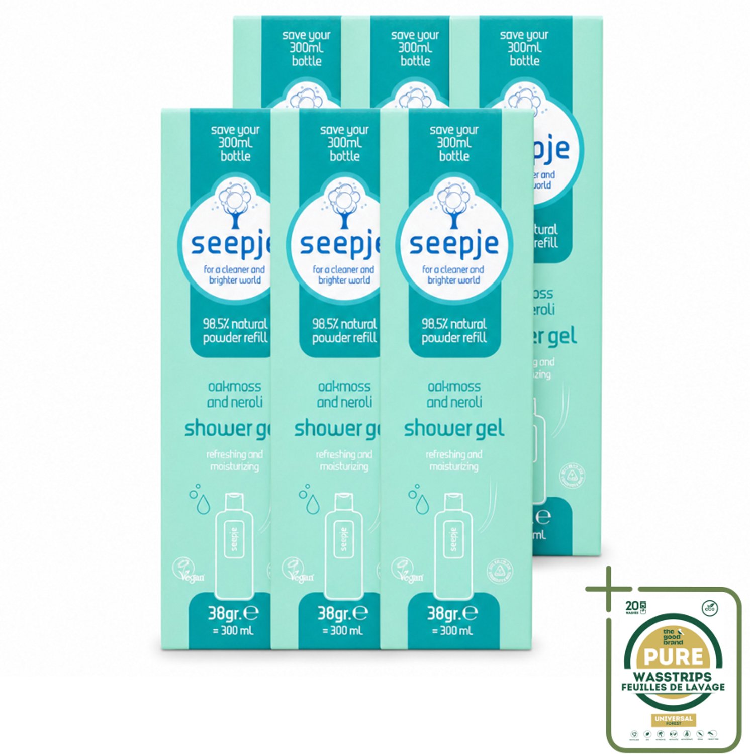 6 x Seepje - Douchegel - Duurzaam & Handig - Eikenmos en Neroli - Navulling - 38 gr - Wasstrips - Douchegel Navulling - Duurzaam Douchegel - Eikenmos Douchegel - Neroli Douchegel - Natuurlijke Douchegel