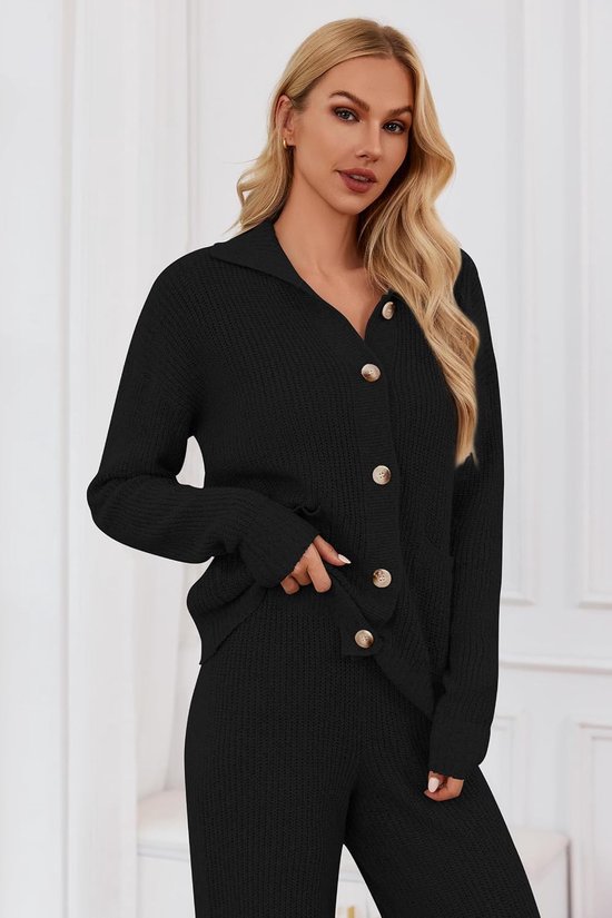 2 stuks gebreide damesjas met knopen en V-hals lange mouwen met lange broek — afbeelding 2